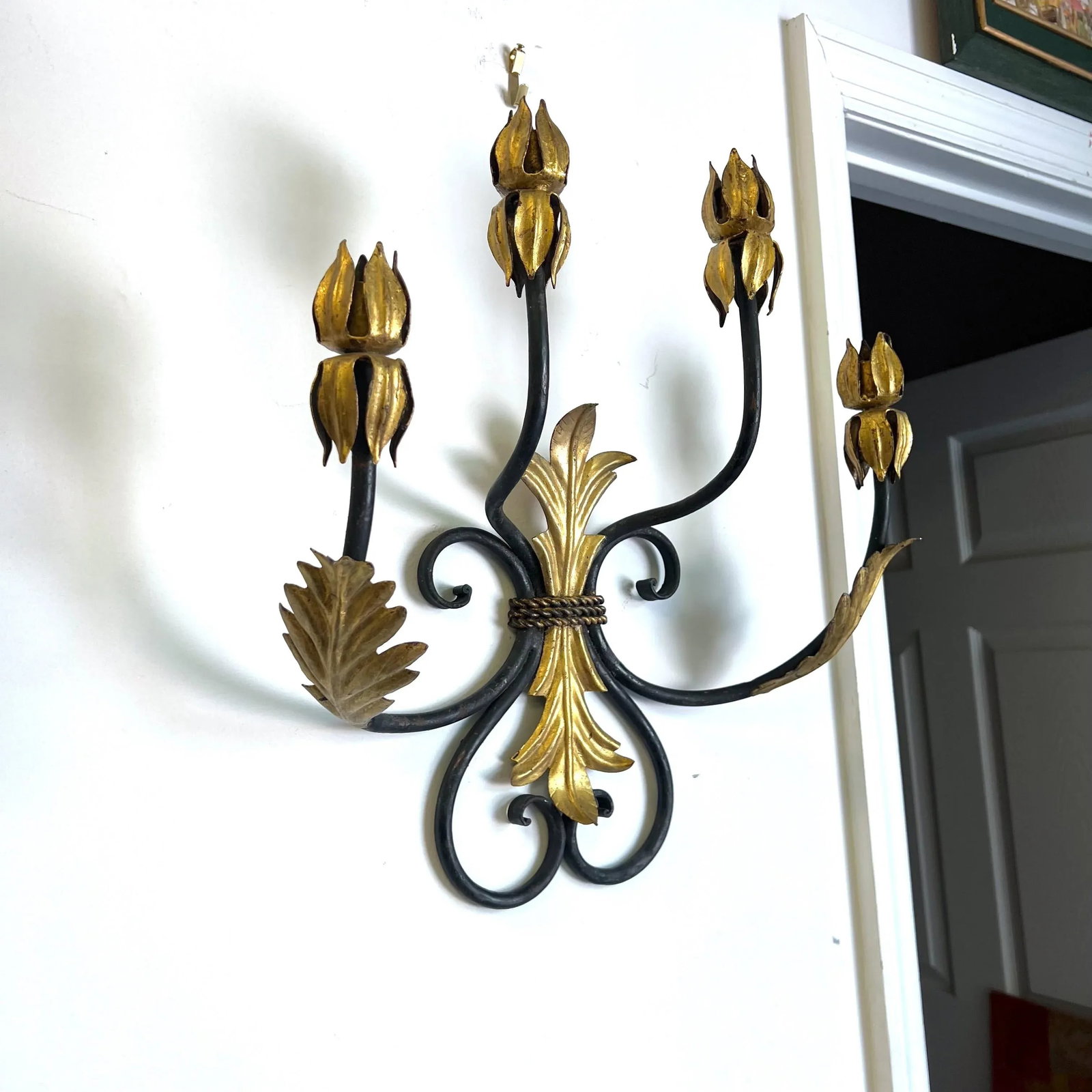 Vintage Fleur De Lis Gilt Iron Candle Wall Sconce - 6