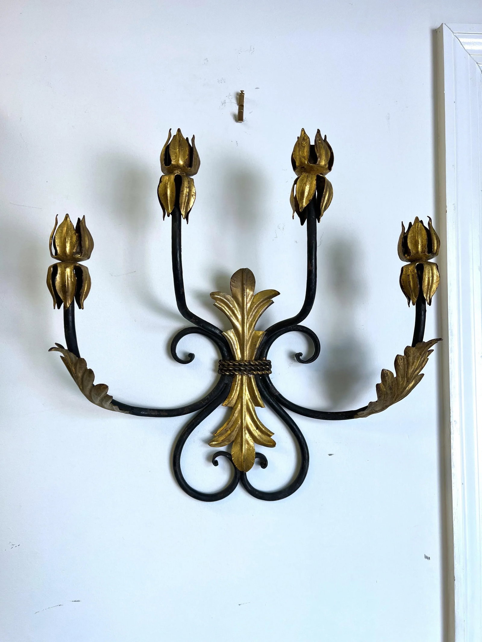 Vintage Fleur De Lis Gilt Iron Candle Wall Sconce - 7
