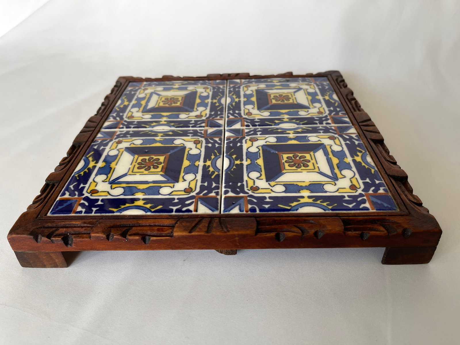 1950s Mexican Hand Carved Wood Frame Base Tile Trivet - 2