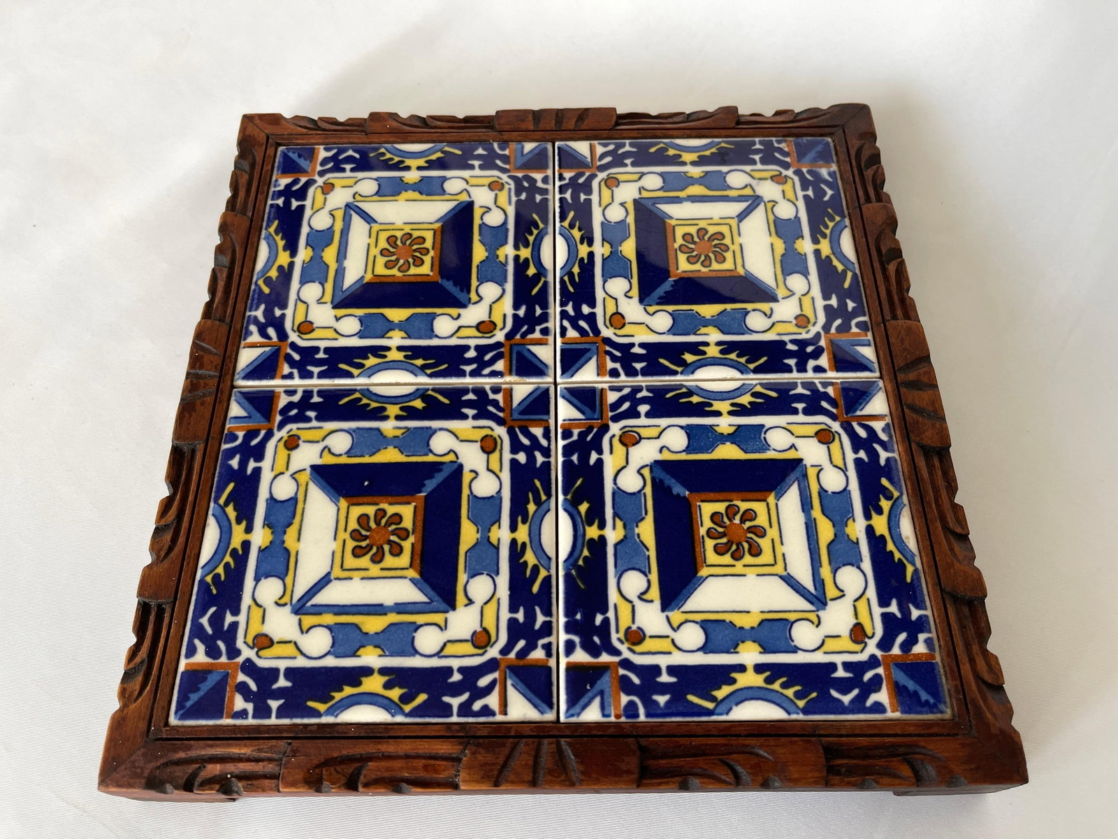 1950s Mexican Hand Carved Wood Frame Base Tile Trivet - 3