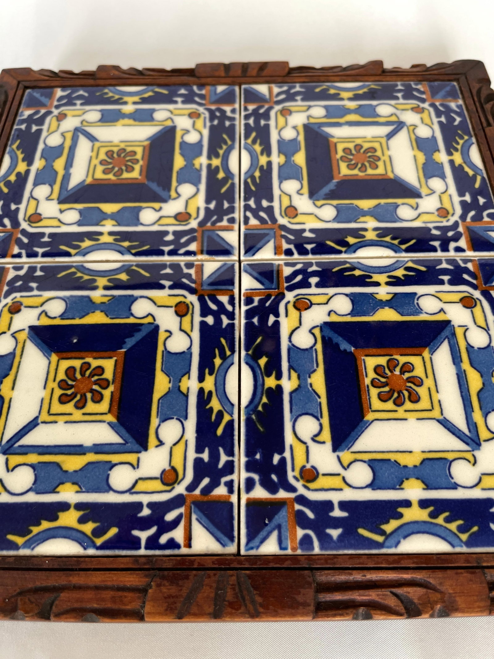 1950s Mexican Hand Carved Wood Frame Base Tile Trivet - 4