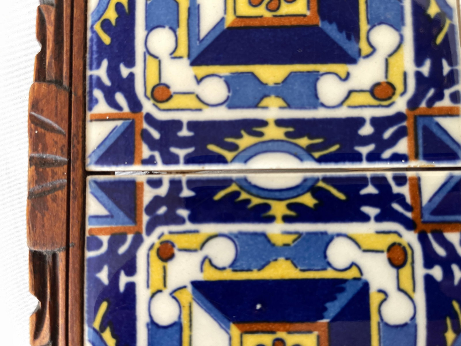 1950s Mexican Hand Carved Wood Frame Base Tile Trivet - 5