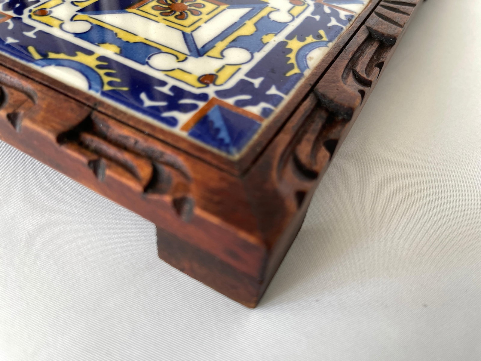 1950s Mexican Hand Carved Wood Frame Base Tile Trivet - 7