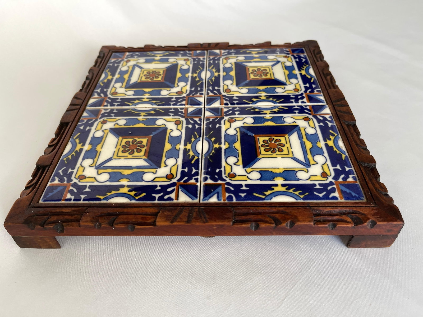 1950s Mexican Hand Carved Wood Frame Base Tile Trivet - 8