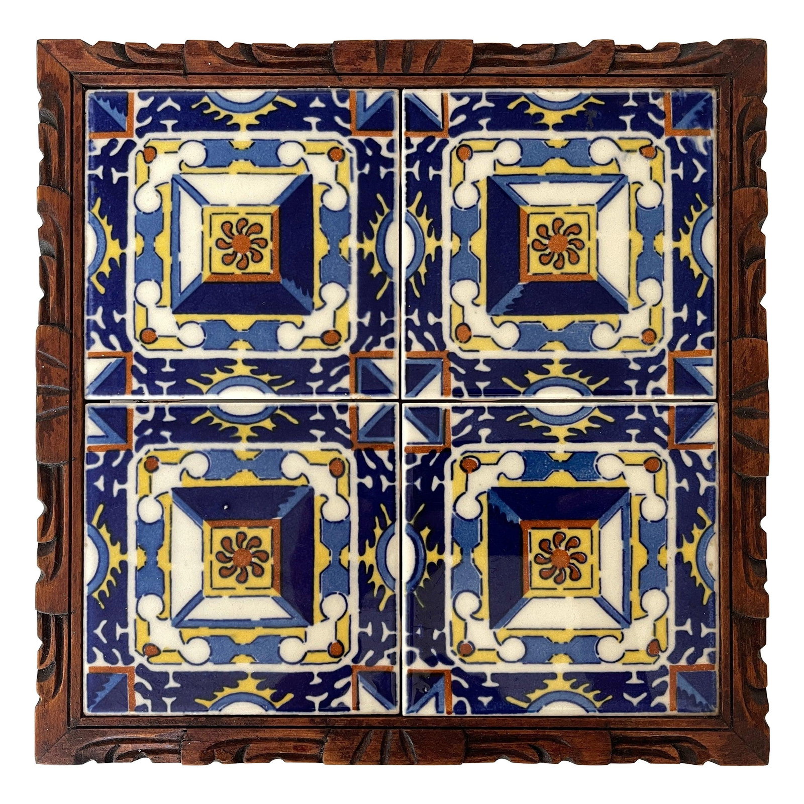 1950s Mexican Hand Carved Wood Frame Base Tile Trivet - 9