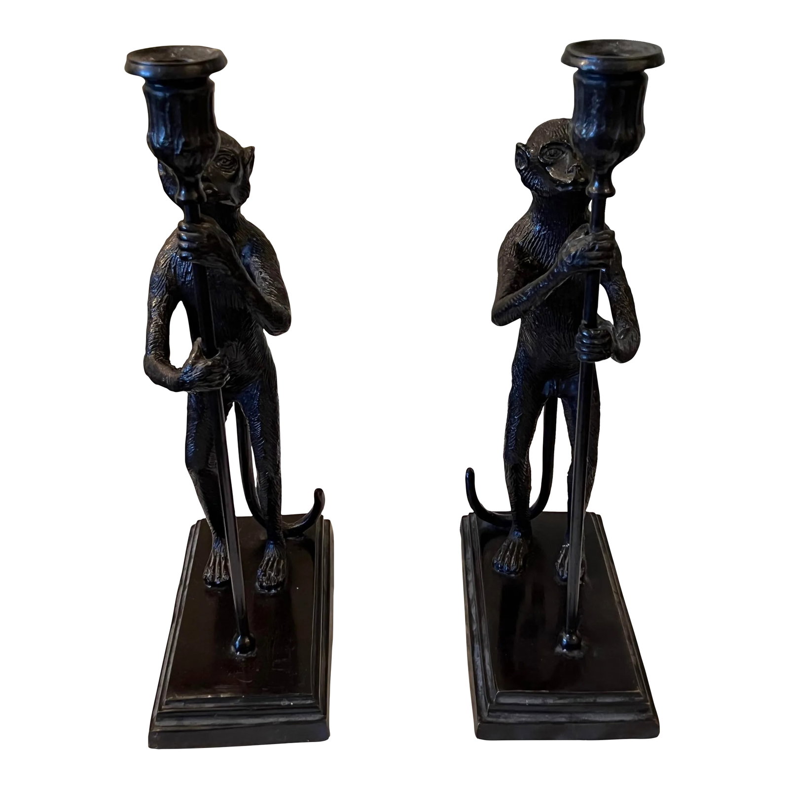 1990s Maitland-Smith Bronze Monkey Candle Holders- a Pair: Unusual pair of bronze monkey candle holders. Solid Bronze with original maker's mark at bottom. I purchased these years ago and now they need a loving home . Perfect accent for cocktail table,