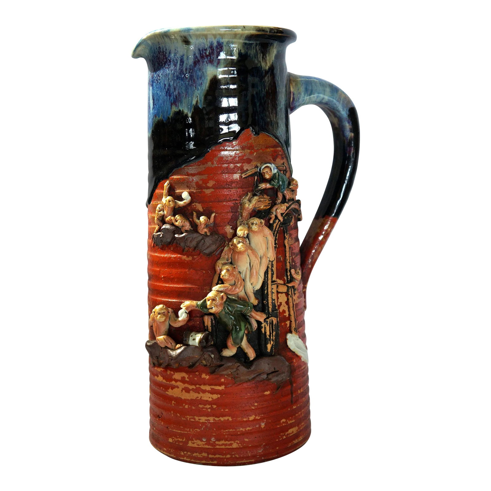 Antique Sumida Ware of a Pitcher With Thirteen Monkeys: This tall pitcher with monkeys on a wooden bridge is from the Sumida kilns on the Sumida River that ran though Tokyo, Japan. This ware with the unctuous glaze covering the top and cascading down the