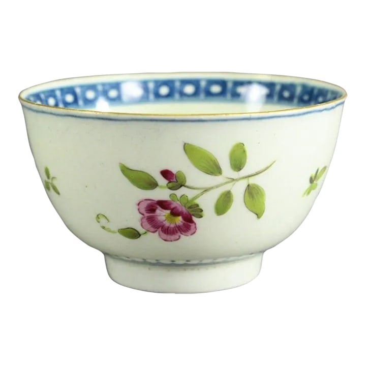 1751-1783 Worcester Tea Cup Egg Shell Porcelain, Blue Crescent Mark, Hand Painted Flowers: An early English porcelain tea bowl or cup An authentic Worcester piece from the mid/third quarter of the 18th century It is an example of the high quality porcelain produced by Worcester during this