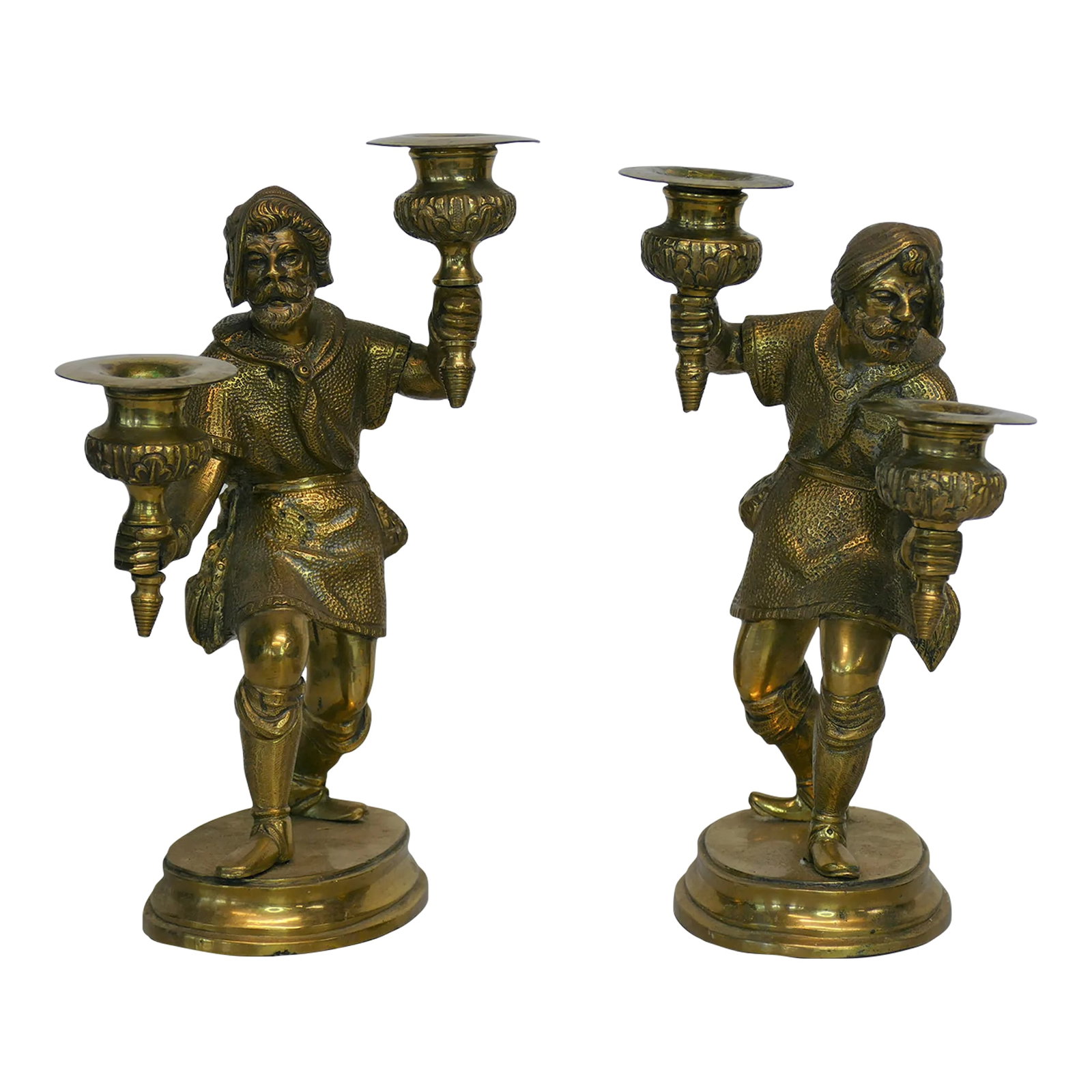 Pair Antique English Figural / Hunting Candlesticks: This is a wonderful pair of late Victorian English candlesticks or two-light candelabra of exceptional heavy cast quality. In the form of an ancient hunters with ducks hanging from the belts together