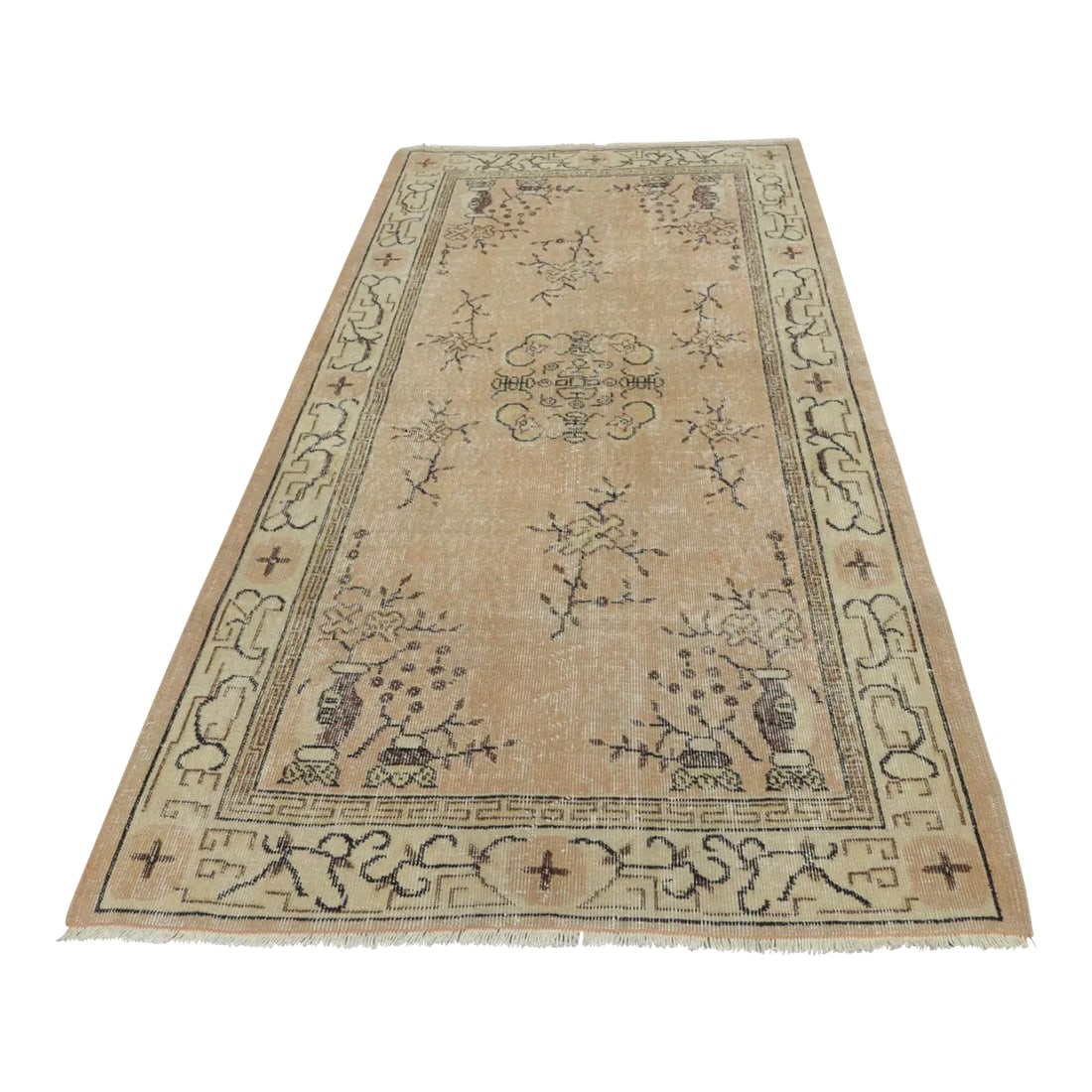 Mid 20th Century Beige Floral Area Rug: Mid 20th Century Traditional Turkish Hand-Knotted Vintage Oushak Area Rug Size: 4.2 x 6.6 ft - 130 x 202 cm - 51 x 79 inches Color: Organic Natural Dye ( Orange, Cream ,Brown ,Green ) Material: 100%