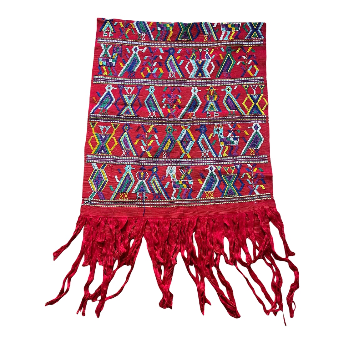 Vintage Hand-Embroidered Guatemalan Textile Throw: Story telling hand embroidered textile. This textile has embroidered animals and people. Perfect as a wall art, table cloth, sewing project, etc. The textile is 25.5" X 63". It's in great vintage