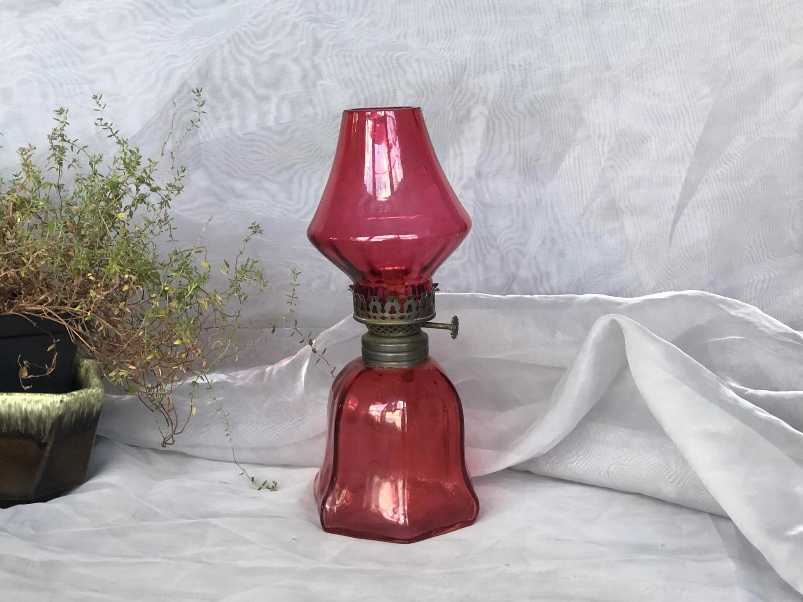 Antique Victorian Cranberry Glass Oil Lamp - 2