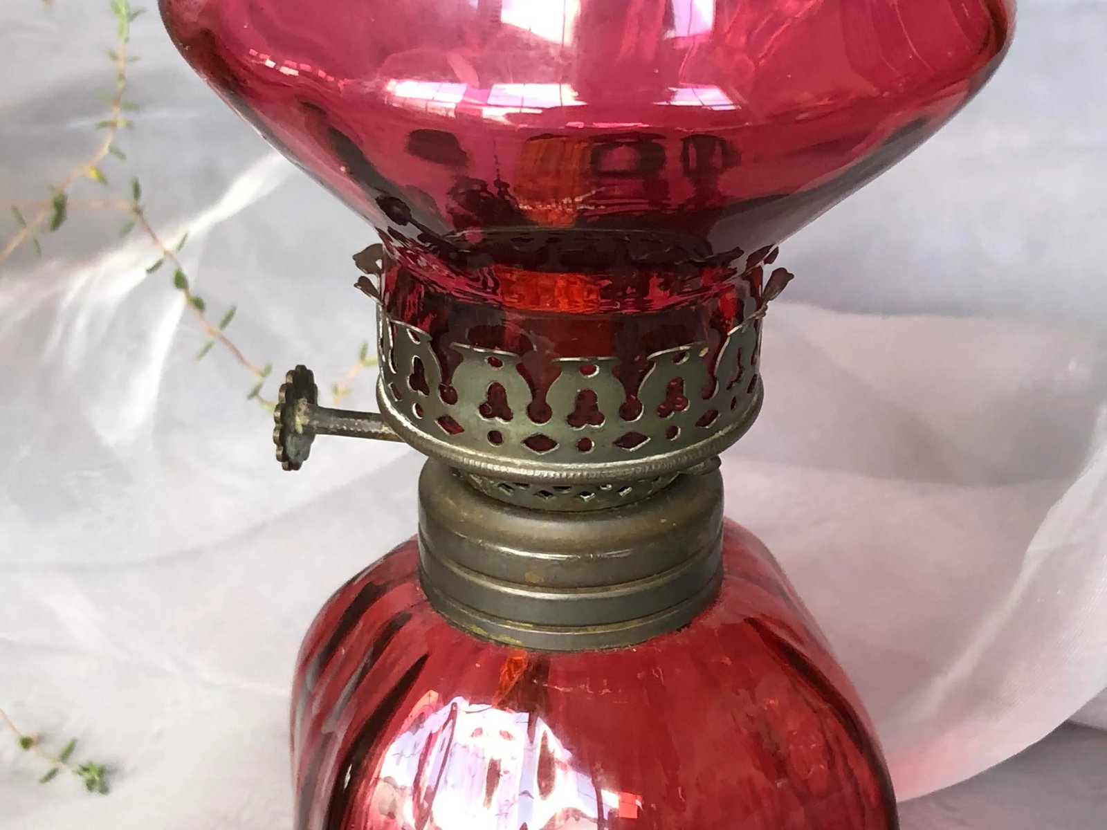 Antique Victorian Cranberry Glass Oil Lamp - 6