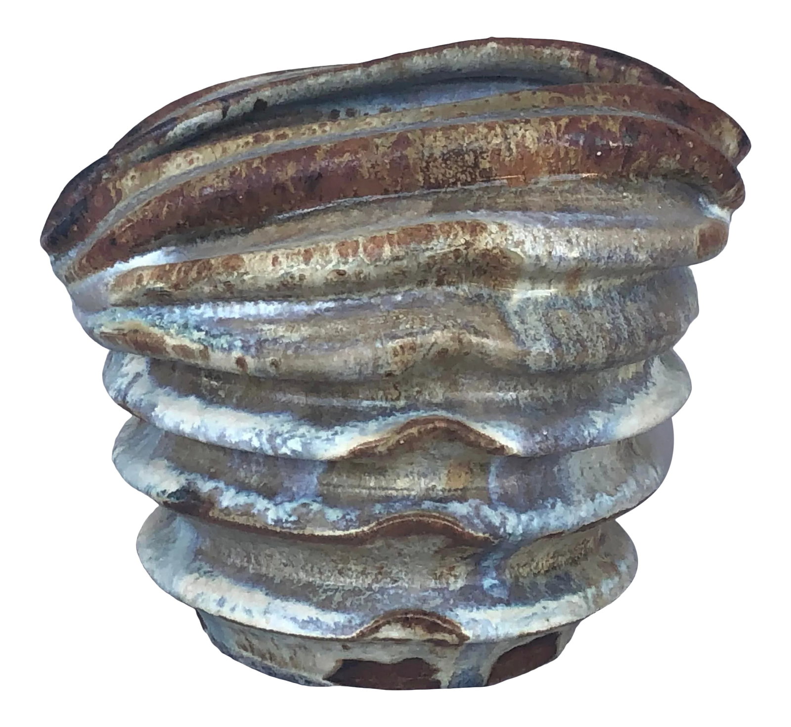 Modern Studio Art Pleated Pottery Vase: With its unusual pleated shape, this vintage modern art pottery vase will make a dramatic home decor accent on a table or shelf. The hand-thrown pottery vase has a beautiful glazing in shades of