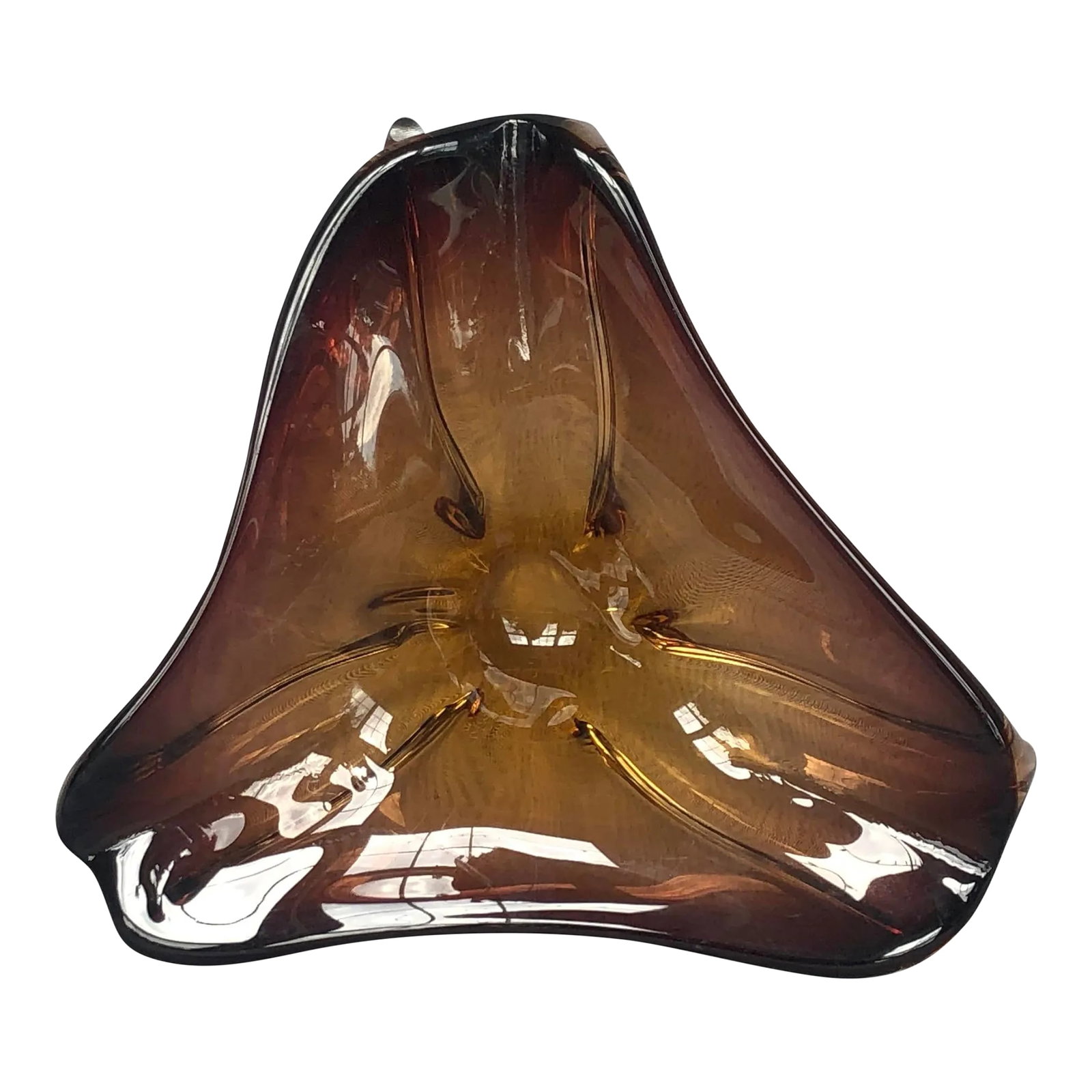 Mid Century Modern Art Glass Bowl: This classic mid-century modern Murano art glass bowl has a striking hand-blown free-form shape. The brown sculptural shaped glass bowl resembles an abstract flower. Display this striking modern glass