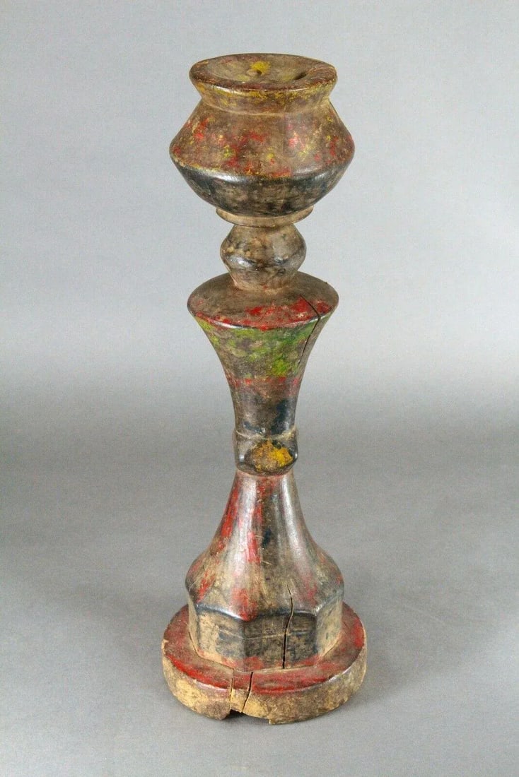 Early 20th Century African Baule Carved & Painted Wood Candle Holder Lamp - 3