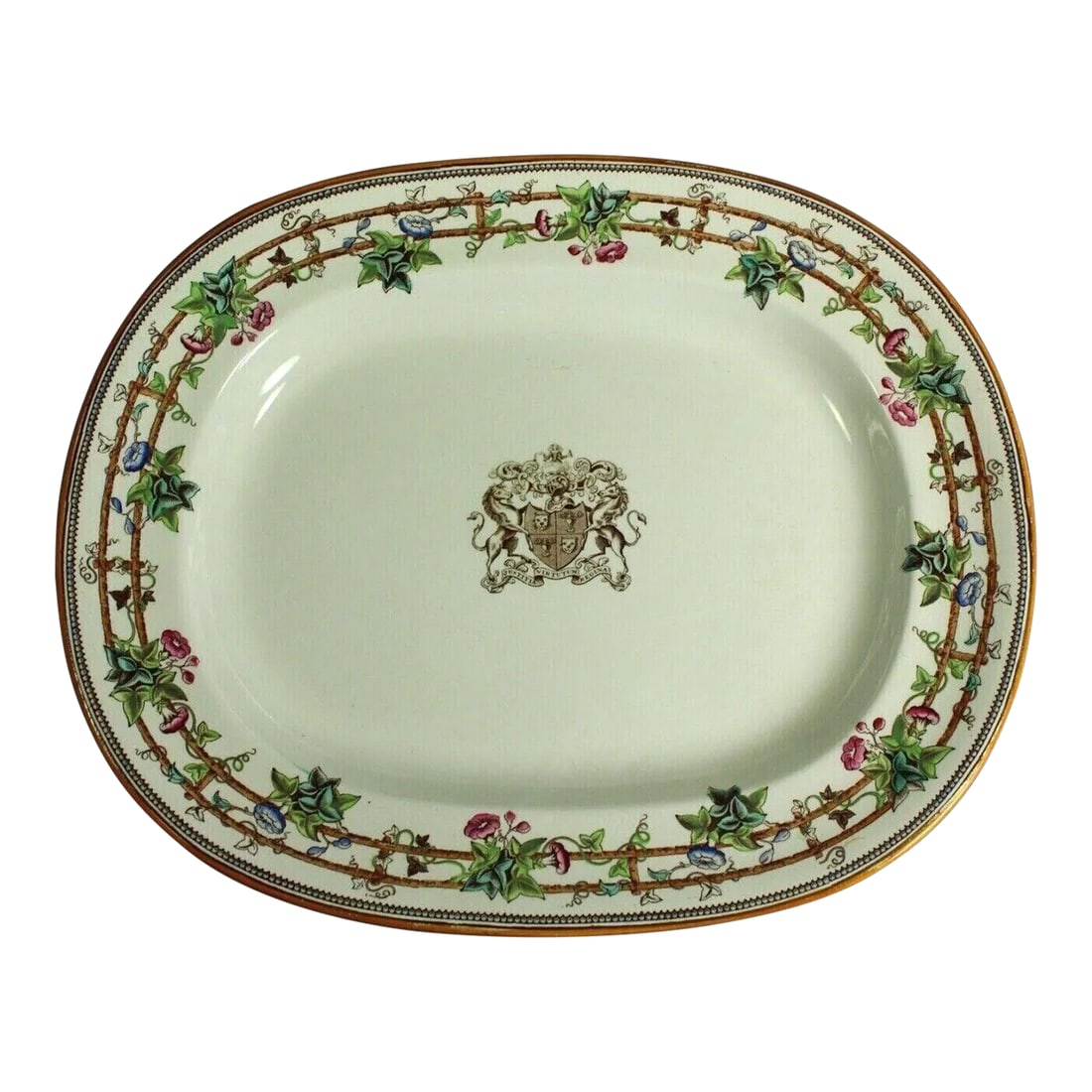 19th Century Copeland Spode Armorial Platter With London Goldsmiths Coat of Arms: An amazing 19th century porcelain armorial platter Brown transfer decoration with colorful hand tinted morning glory flowers on the rim Central coat of arms with unicorns among other heraldry symbols 