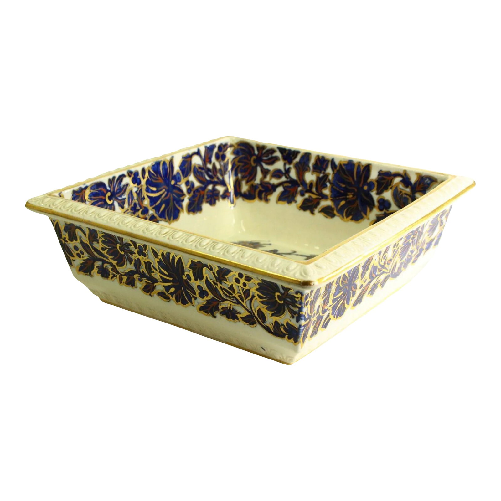1885-1886 W. T. Copeland & Sons, Imari With Bird Square Bowl Serving Dish: A very impressive antique porcelain dish A serving bowl or a centerpiece with unusual square shape Beautifully decorated with floral garland in underglaze cobalt blue, all hand painted Golden