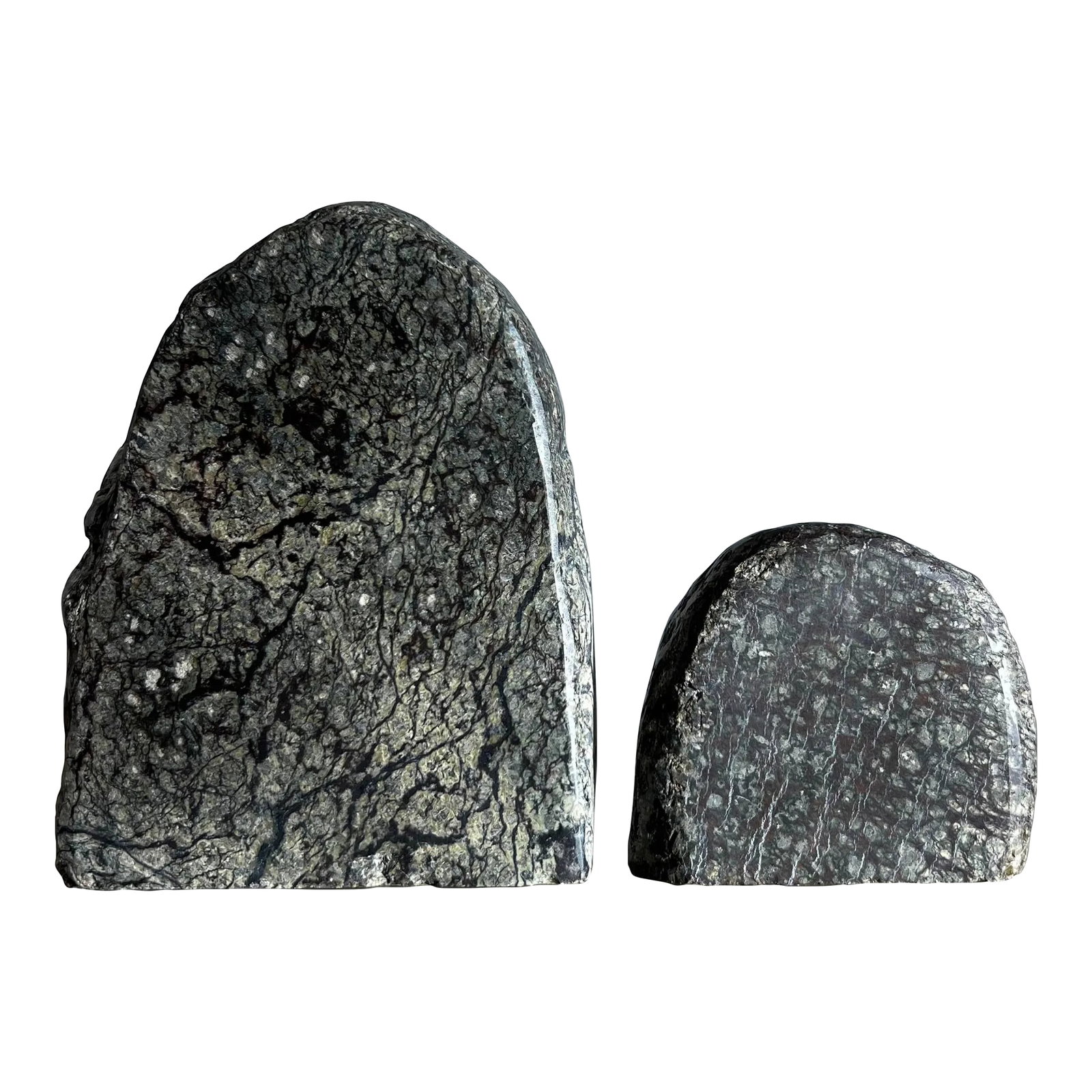 Vintage Rock Form Candle Holders in Real Stone, 1970s - Set of 2: A pair of bouldercore candelaria, 1970s. Tones of basalt, moss, and aubergine. Real stone - heavy. Felted bases. Pick up in LA or worldwide delivery options available. Big: 4.5" W x 2" D x 6" H