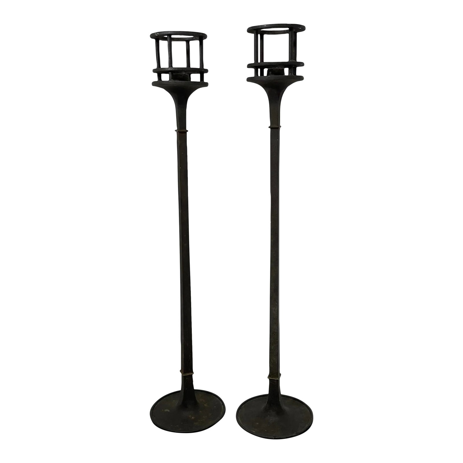 Mid 20th Century Jens Quistgaard Dansk Iron Tall Candle Holders, Denmark - a Pair: Rare Jens Quistgaard Dansk Iron Tall Candle Holders - Denmark Vintage Mid-Century Modern Condition: Alterations: Original Condition Unaltered Imperfections: Some Imperfections Condition Notes: Signs
