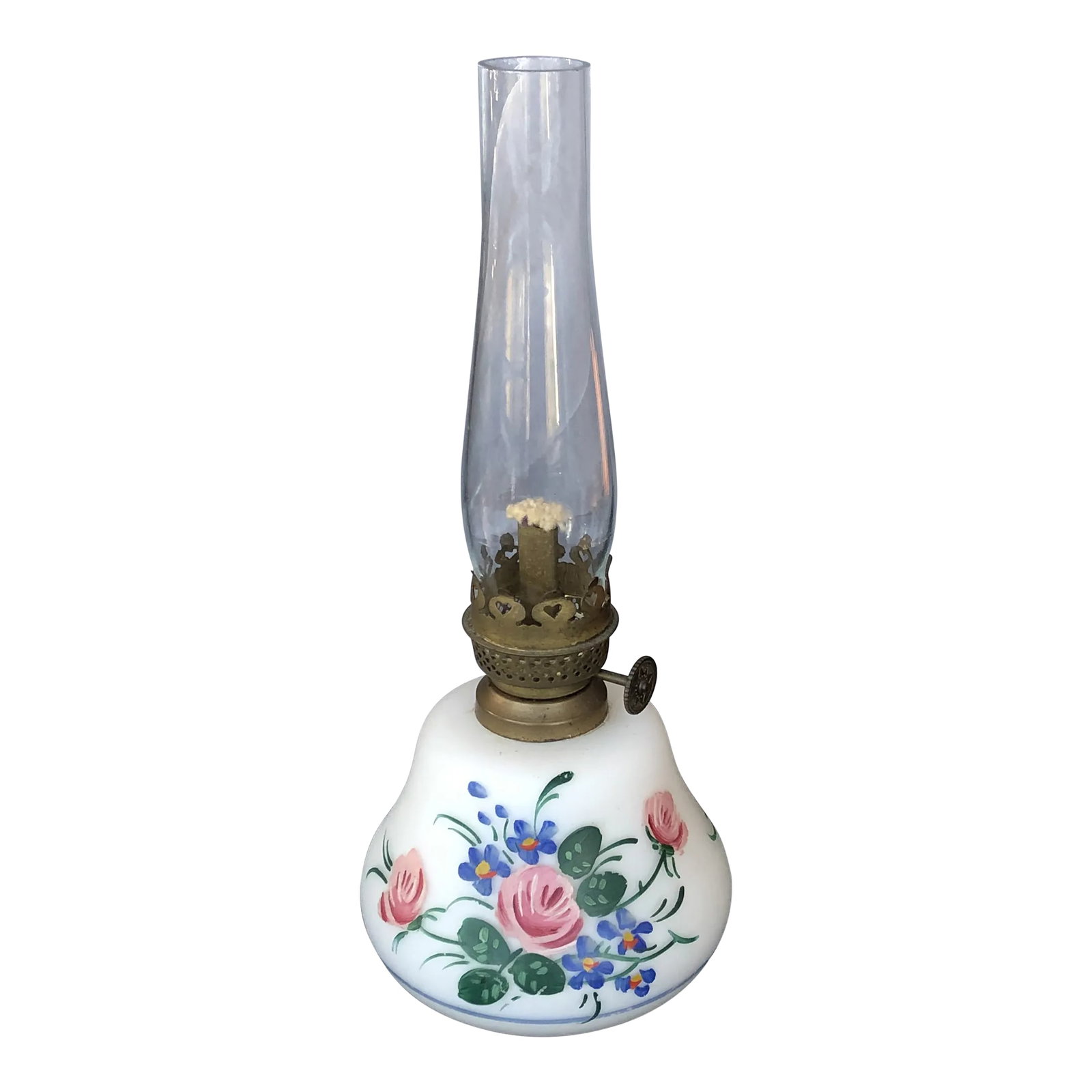 Antique Hand Painted Victorian Glass Oil Lamp: Made from clambroth glass and beautifully hand-painted with a floral design, this is a lovely example of an antique 19th-century oil lamp. Miniature in size, the small Victorian era oil lamp has a han