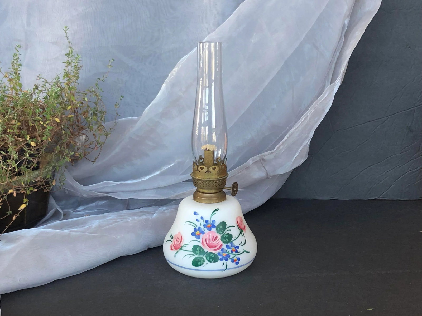 Antique Hand Painted Victorian Glass Oil Lamp - 2