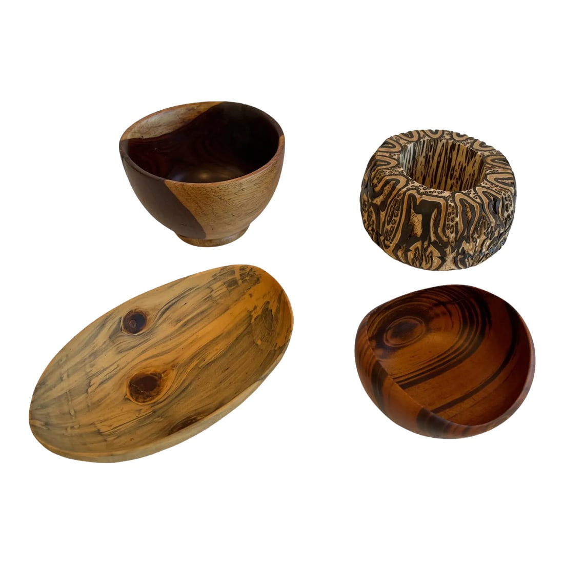 Set of 4 Hand Turned Wooden Bowls: Fantastic set of 4 hand turned wooden bowls by woodworker Paul Gephart. Details are as follows: Bowl #1 has a pressboard bottom and measures 5.5" in diameter and 2.5" in height. Bowl # 2 is turned thi