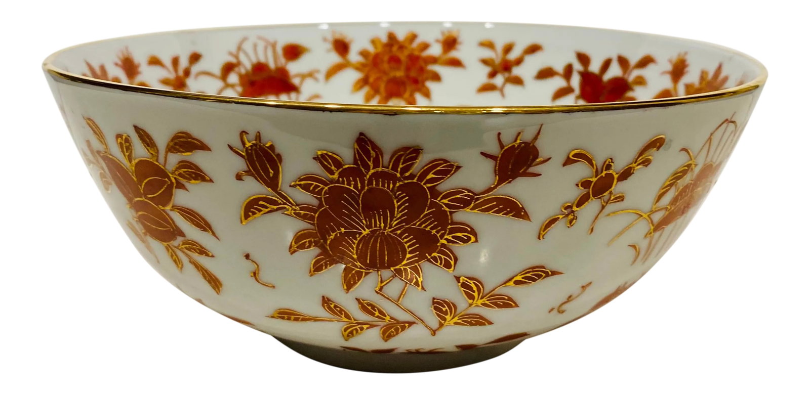 Vintage Hand-Painted Japanese Porcelain Ware Large Bowl: Vintage Large Bowl Japanese Porcelain Ware Hand Painted in Hong Kong. Red Flowers with gold accents. Very pretty and in excellent condition. Condition: Alterations: Original Condition Unaltered