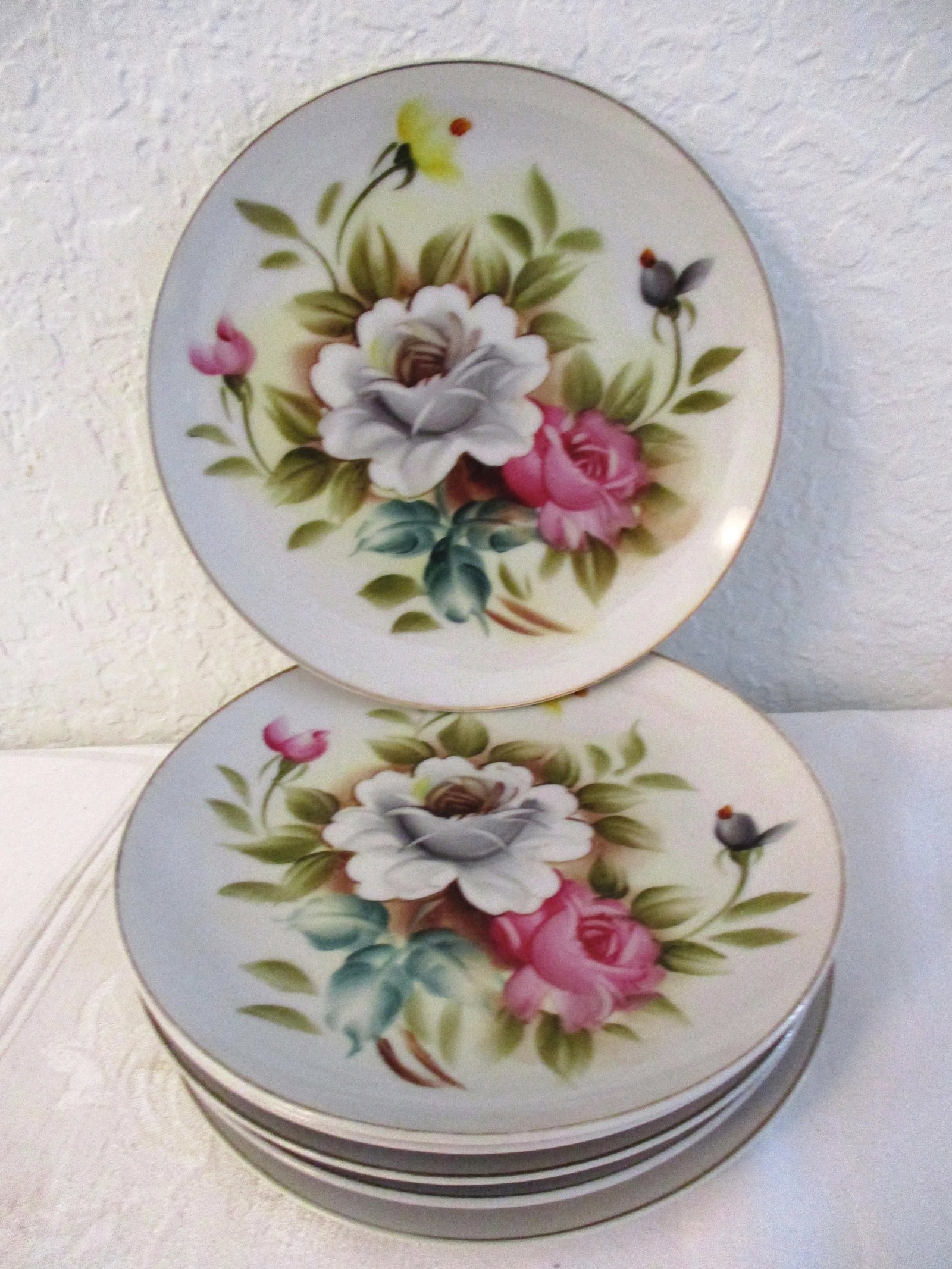 Mid-Century Japanese Hand-Painted Floral Plates, S/10 - 2