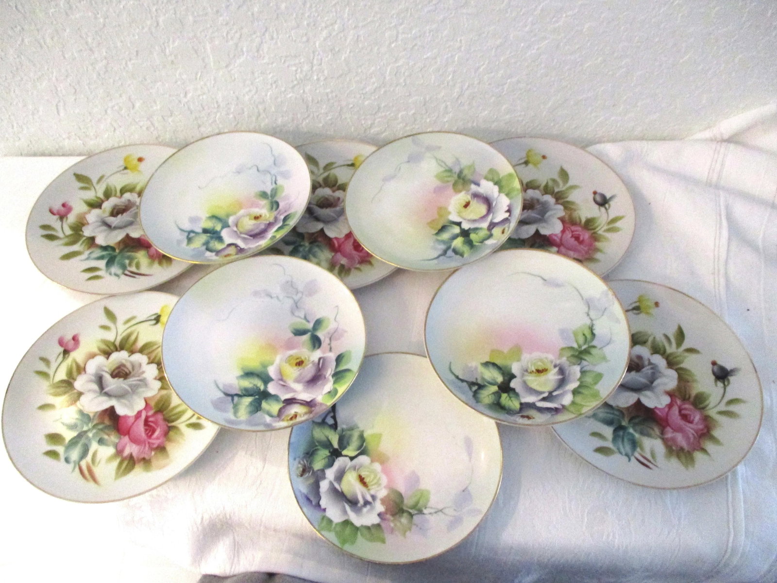 Mid-Century Japanese Hand-Painted Floral Plates, S/10 - 8