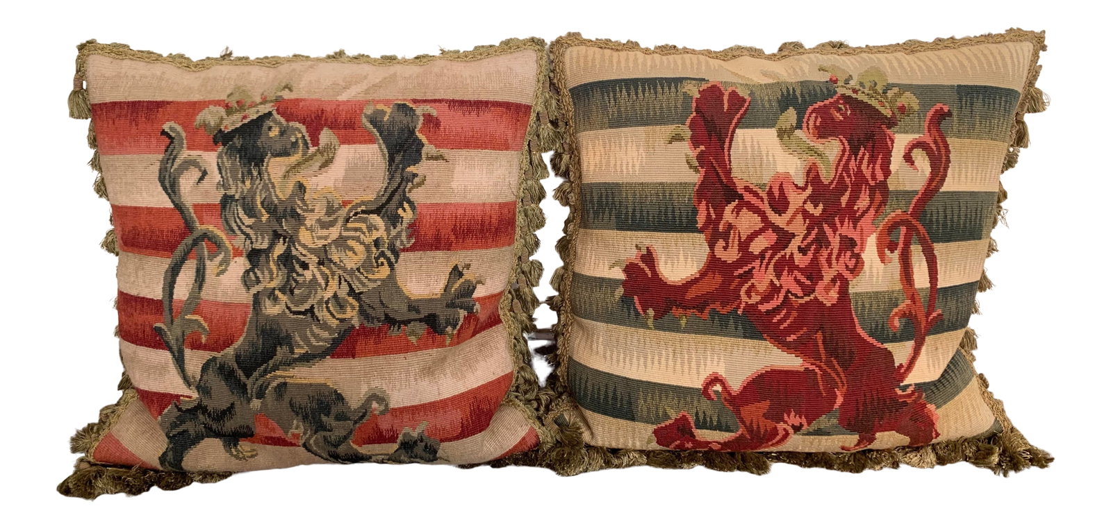 Contemporary Striped Lion Aubusson Throw Pillows - A Pair: Pair of wool Aubusson pillows featuring lion designs on striped backgrounds. Beautiful tassel trim and backed with zippered beige velvet. Down feather inserts included. Condition: Alterations: