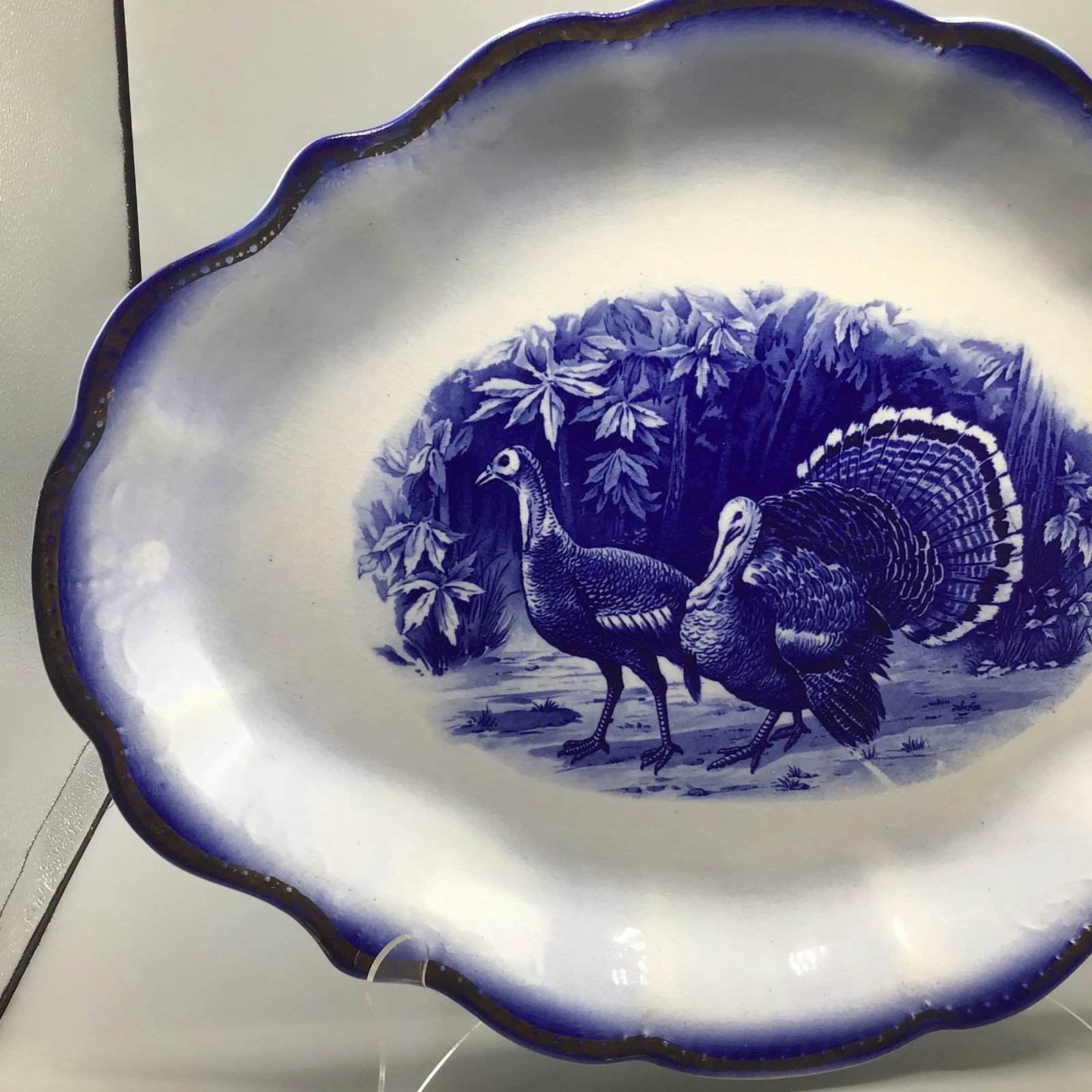 Flow Blue Wild Turkey Platter Made by George S. Harker and Company - 11