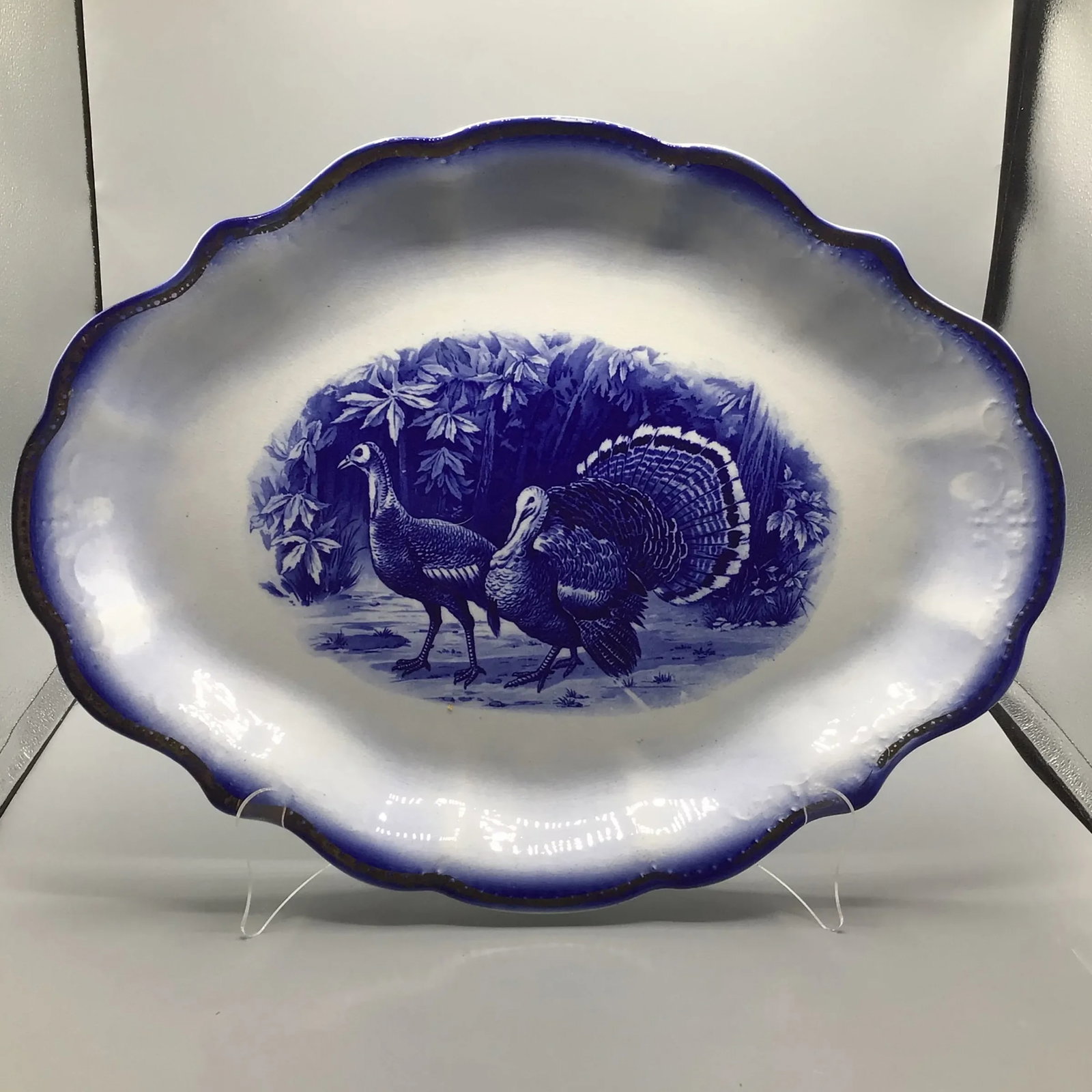 Flow Blue Wild Turkey Platter Made by George S. Harker and Company - 13