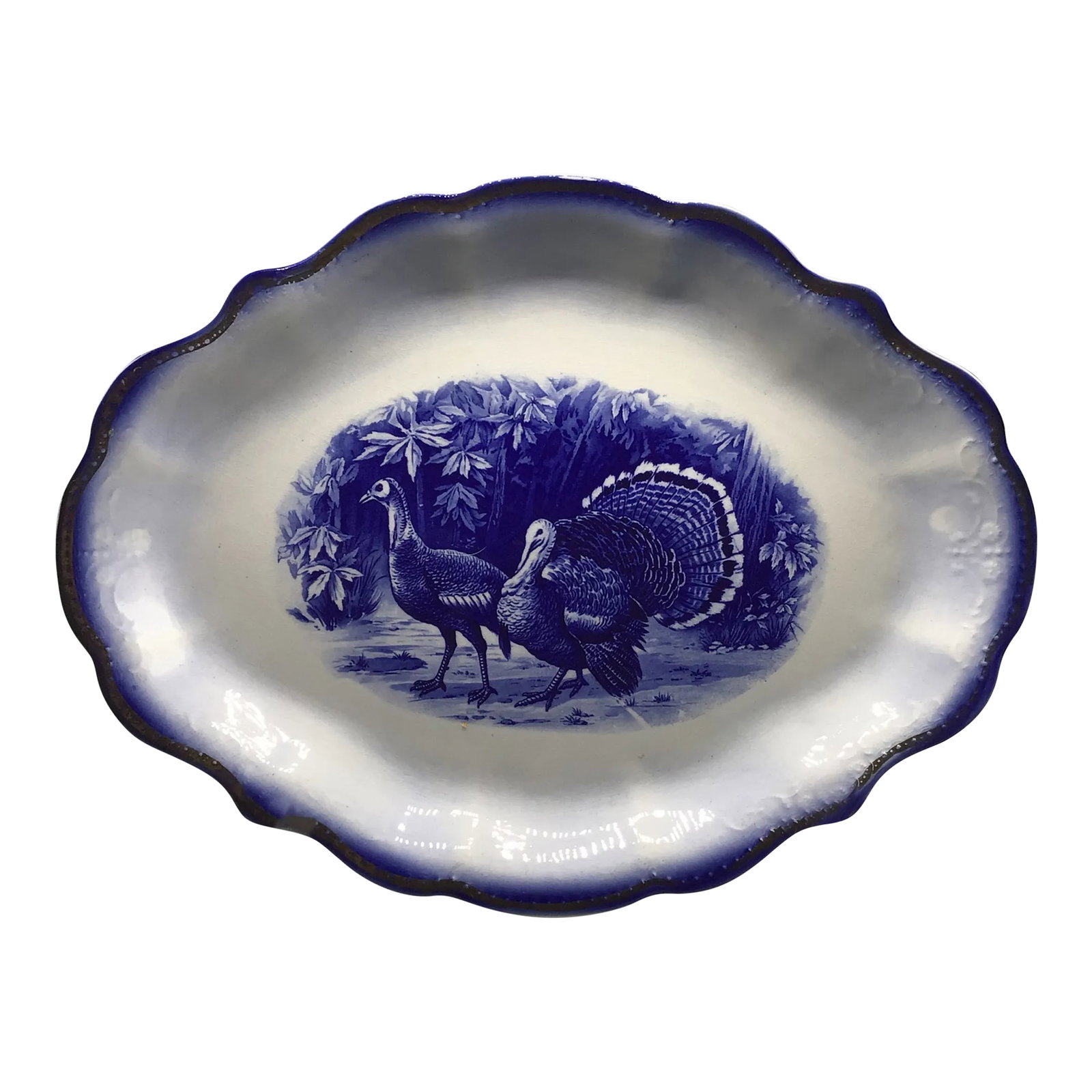 Flow Blue Wild Turkey Platter Made by George S. Harker and Company: Get ready to impress over the holiday season with this large rare George S. Harker and company, turn of the century flow blue, wild turkey platter. The pictures tell it all about the condition, color,