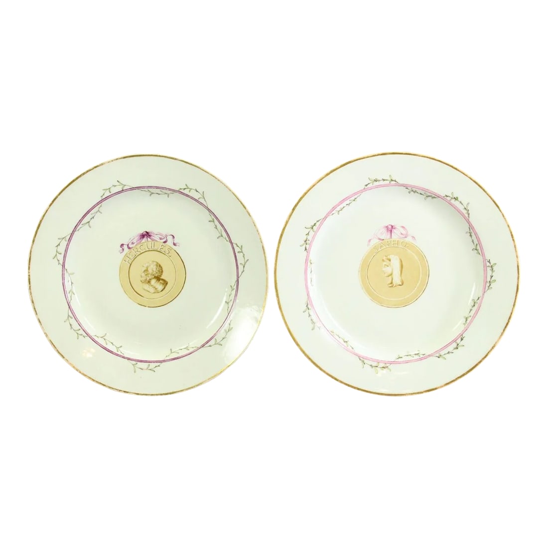 1770-1780 Furstenberg Porcelain Plates, Hercules & Sappho - Set of 2: An intriguing pair of 18th century porcelain plates All hand painted medallions rendering named portraits in profile of Hercules, the Greek Mythology hero, immortalized by Home, and Sappho, one of