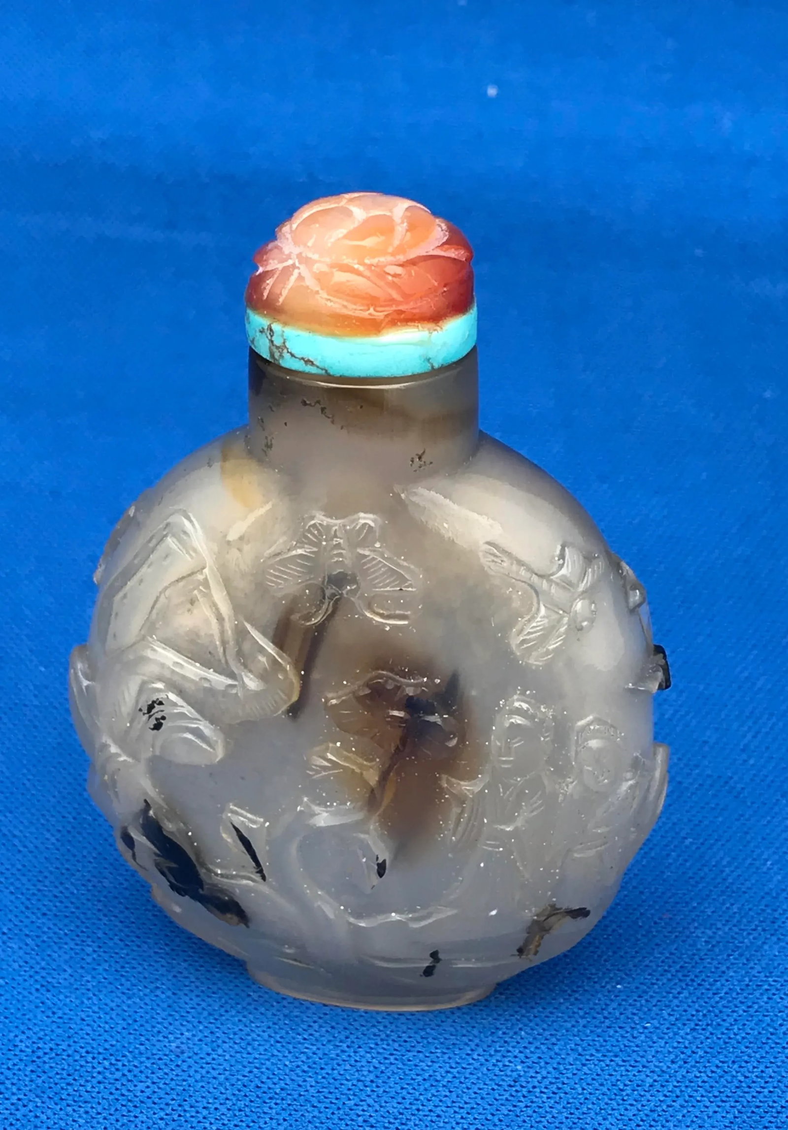Antique Montana Moss Agate Floater Snuff Bottle With Carving - 13