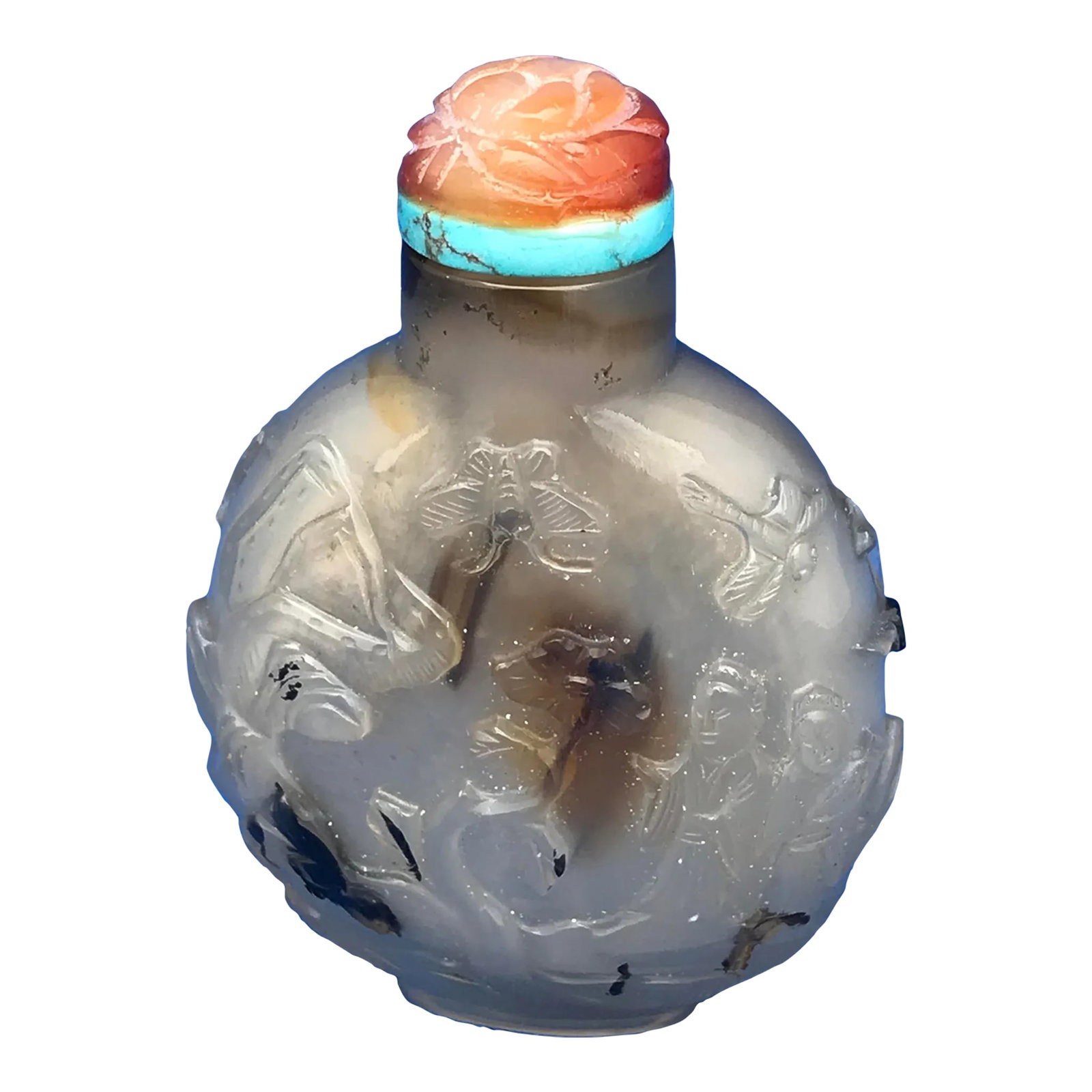Antique Montana Moss Agate Floater Snuff Bottle With Carving: An Unusual Moss Agate Chalcedony Snuff Bottle with Carving Among the variety of stones available in China, chalcedony that was the stone of choice for snuff bottle carvers before the 20th century.