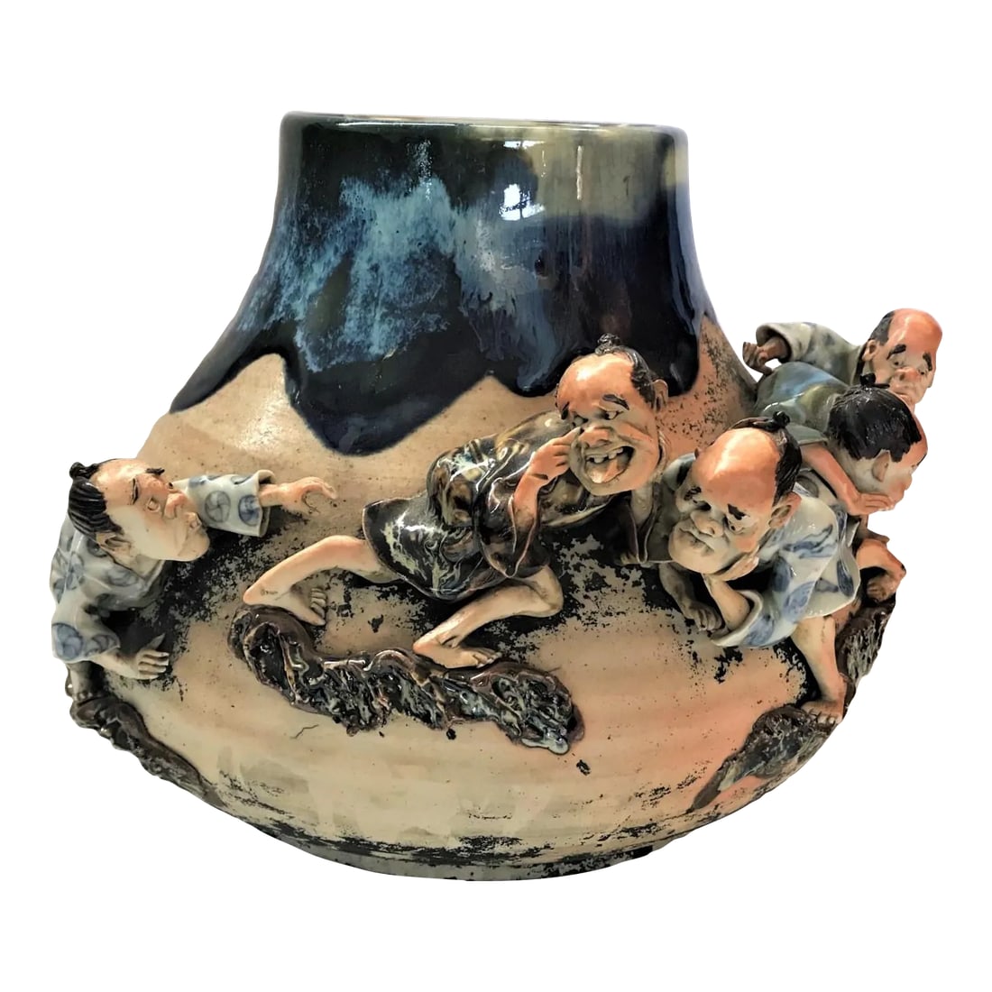 1920s Sumida Gawa Vase With Figures by Famous Potter Ishiguro Koko: Ishiguro Koko was not as famous as the three generations of potters named Inoue Ryosa, but his work stood out among the wares produced in the Sumi Gawa workshop. KoKo sculpted really life like