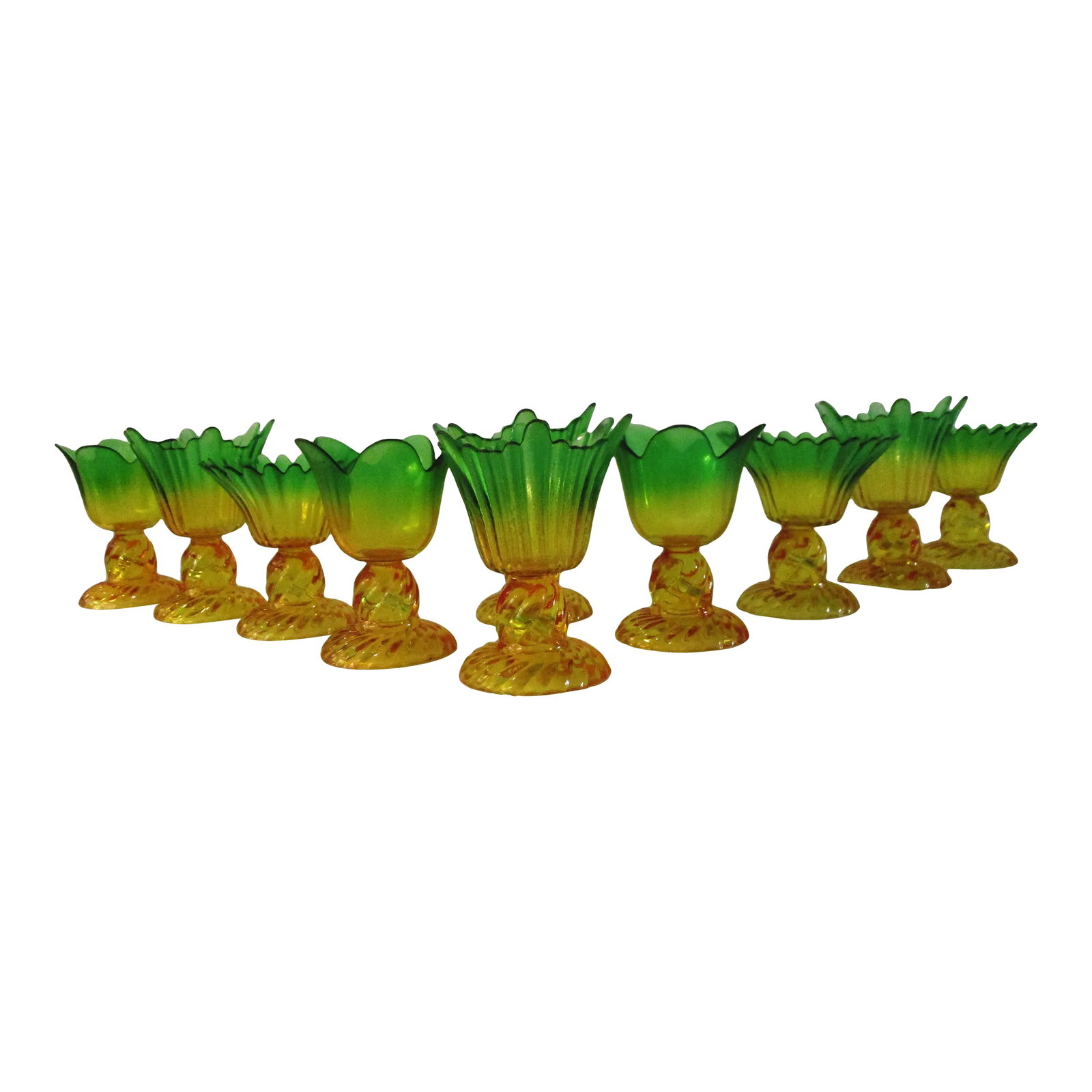 Vintage Marigold & Green Flash Glass Flower Dessert Glasses, S/10 (1 of 7)