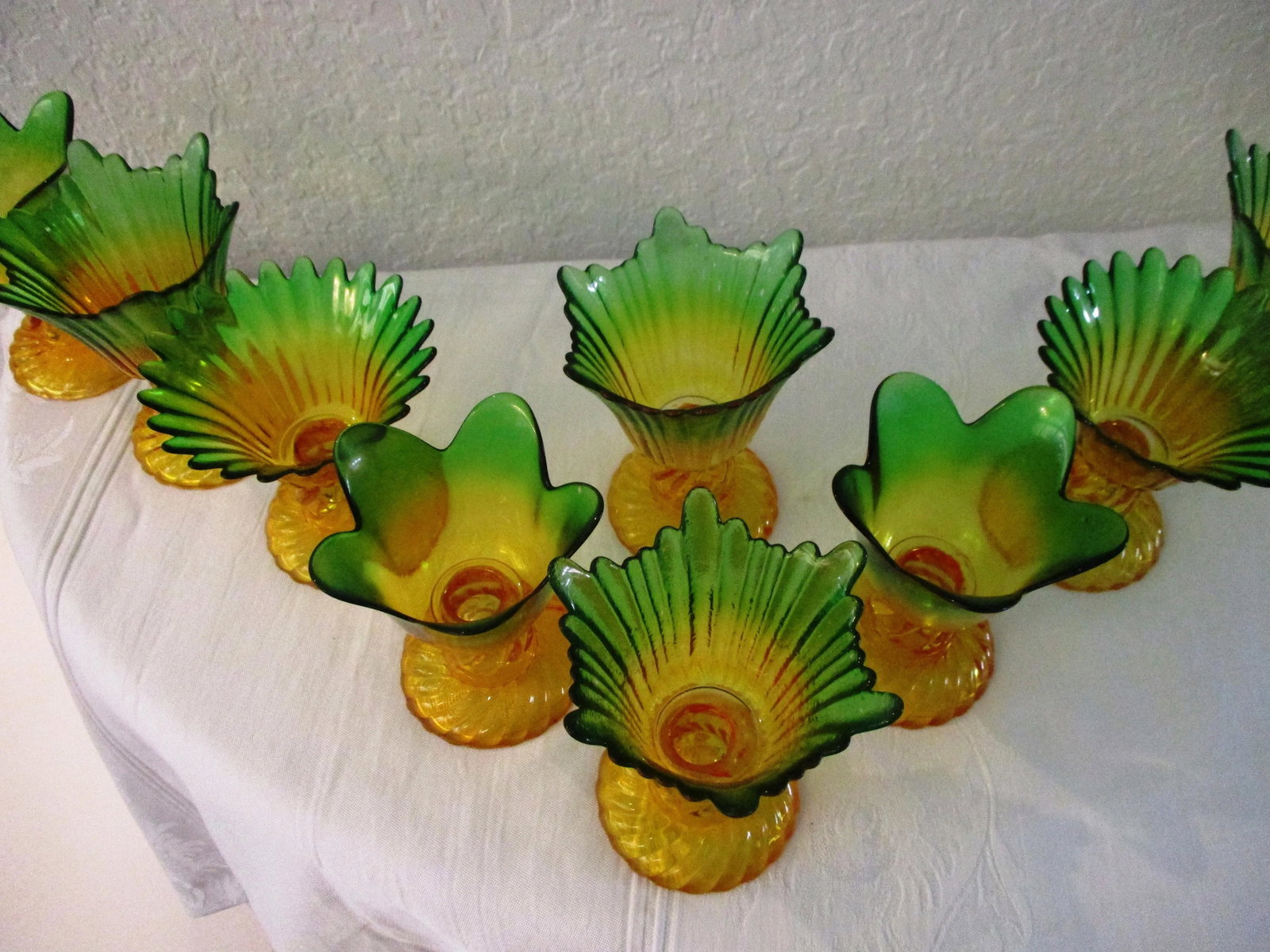 Vintage Marigold & Green Flash Glass Flower Dessert Glasses, S/10 - 2