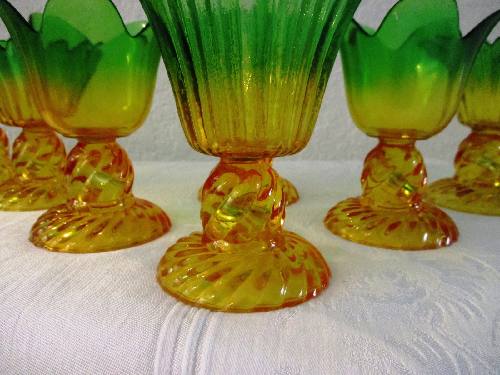 Vintage Marigold & Green Flash Glass Flower Dessert Glasses, S/10 - 3