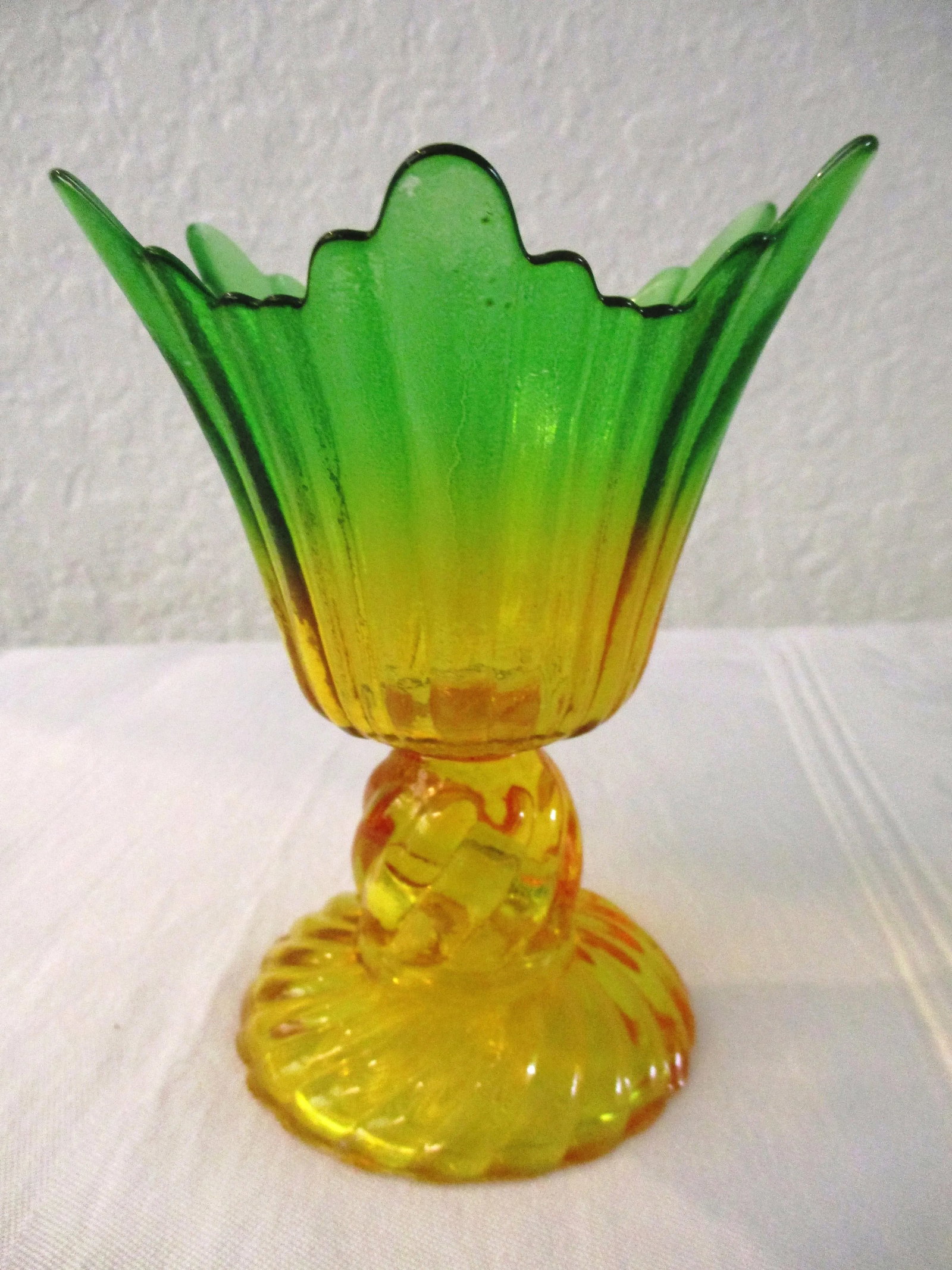 Vintage Marigold & Green Flash Glass Flower Dessert Glasses, S/10 - 5