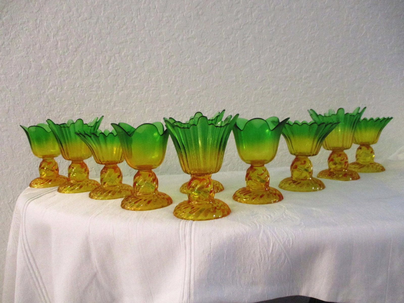 Vintage Marigold & Green Flash Glass Flower Dessert Glasses, S/10 - 7