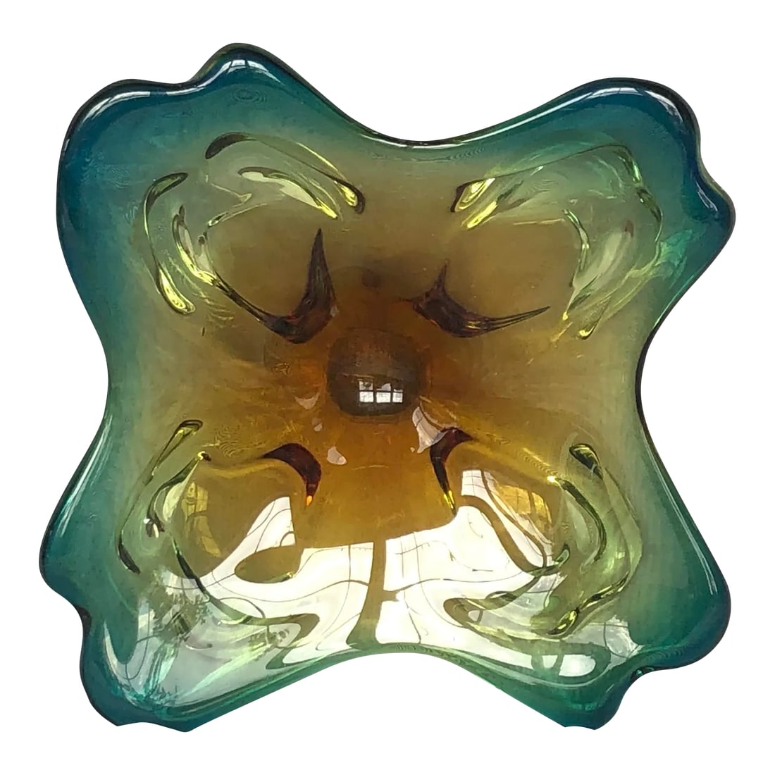 Mid Century Modern Free Form Art Glass Bowl: This classic mid-century modern Murano art glass bowl has a striking hand-blown free-form atomic shape. The green and brown sculptural shaped glass bowl resembles an abstract flower. Display this stri