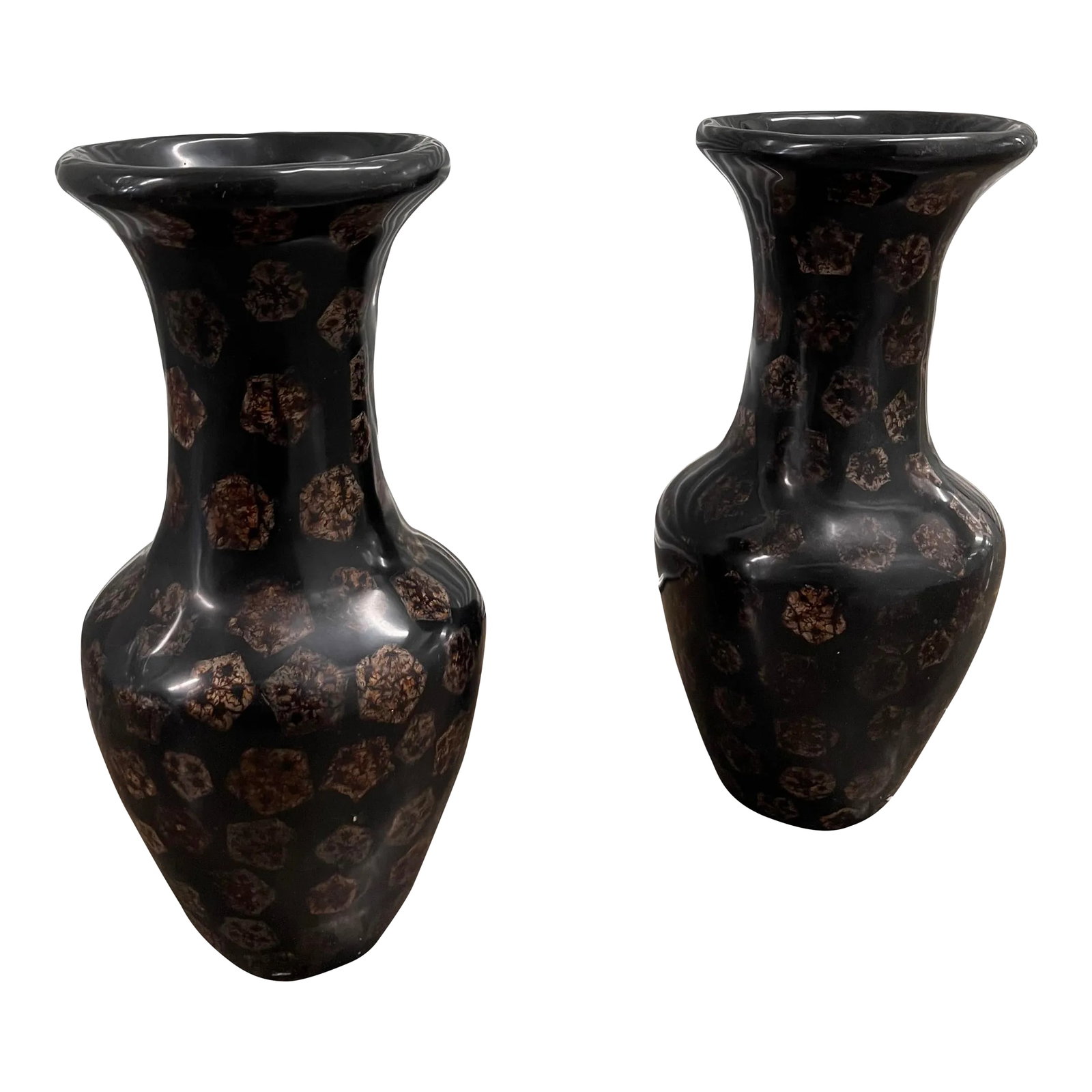Pair of Early 21st Century Black Vases: Unusual Pair of Vases with a unique Pattern. Made of a resin material. Perfect as a pair on a console in foyer or on a buffet / sideboard. Black resin with Taupe/ beige pattern . Condition: