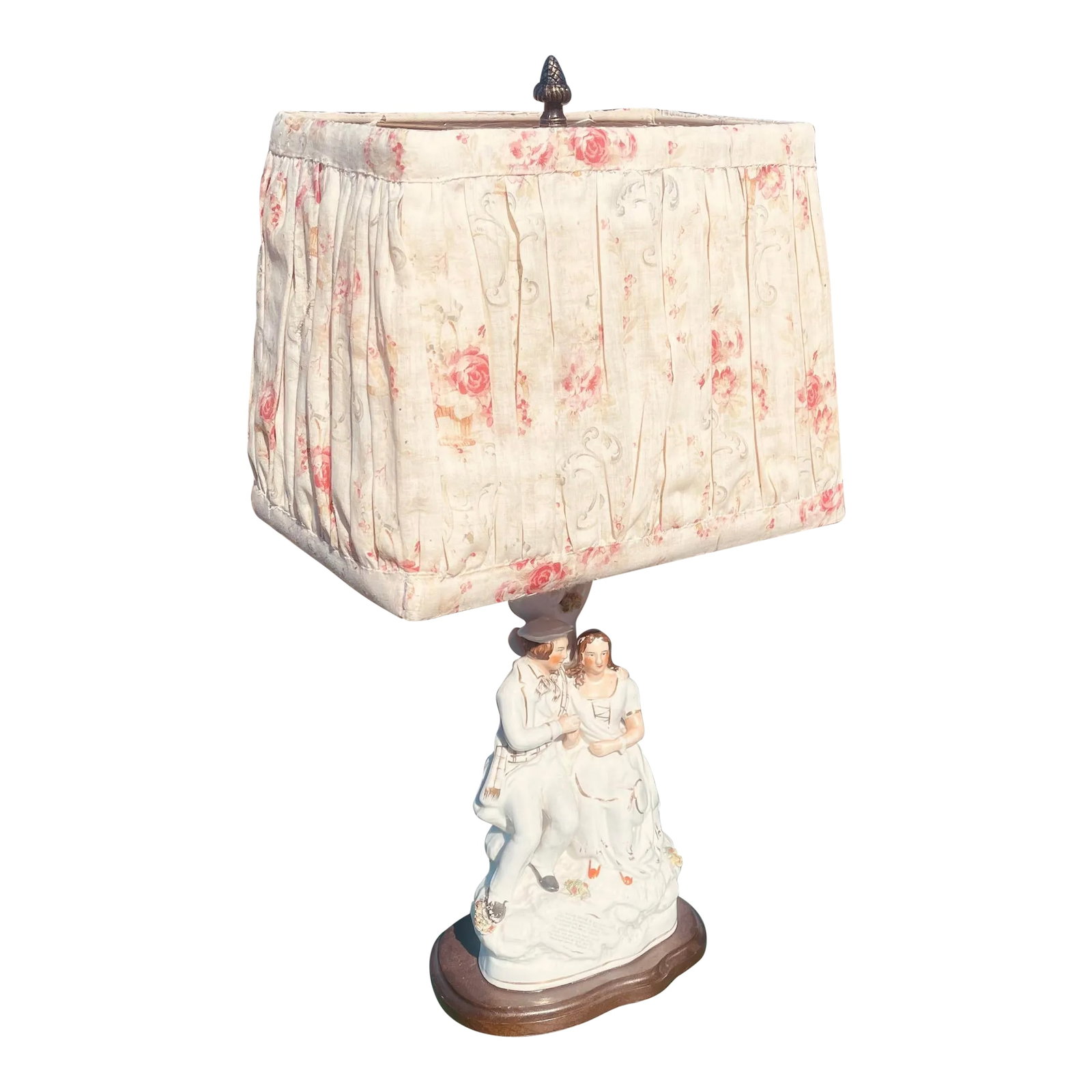 Late 18th Century English Staffordshire Figurine Lamp With Vintage Fabric Shade: What a beautiful collection of charm and history all in one beautiful lamp. This collectors piece is hard to find in such pristine condition!! Condition: Alterations: Original Condition Unaltered