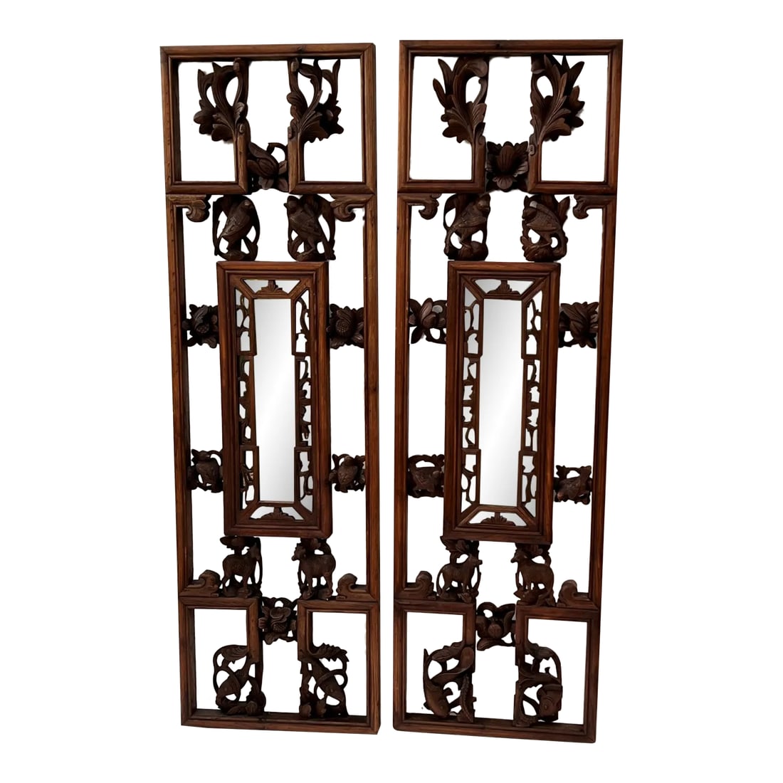 Antique Mid 19th Century Chinese Window Panels With Carvings of Birds and Flowers - a Pair: The maker of this pair of window panels is unknown but kudos to him for the creativity of this piece that brought in so much life and beauty. The construction of this pair adhered to the traditional