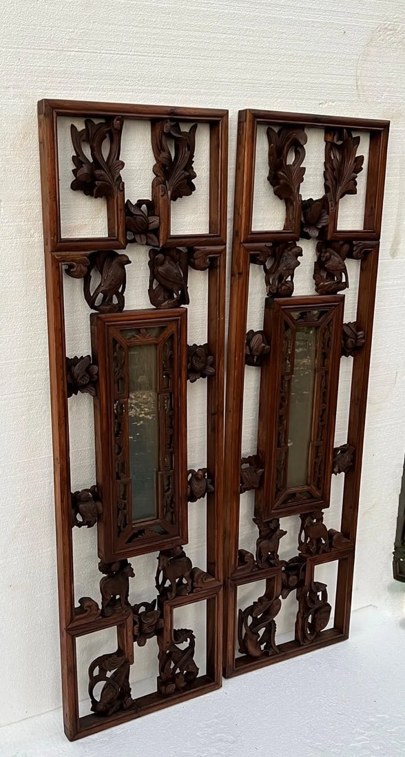 Antique Mid 19th Century Chinese Window Panels With Carvings of Birds and Flowers - a Pair - 4