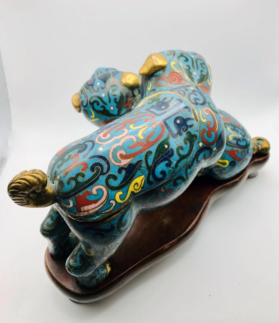 Mid 19th Century Playful Cloisonne Puppies on a Wood Stand From the Qing Dynasty - 6