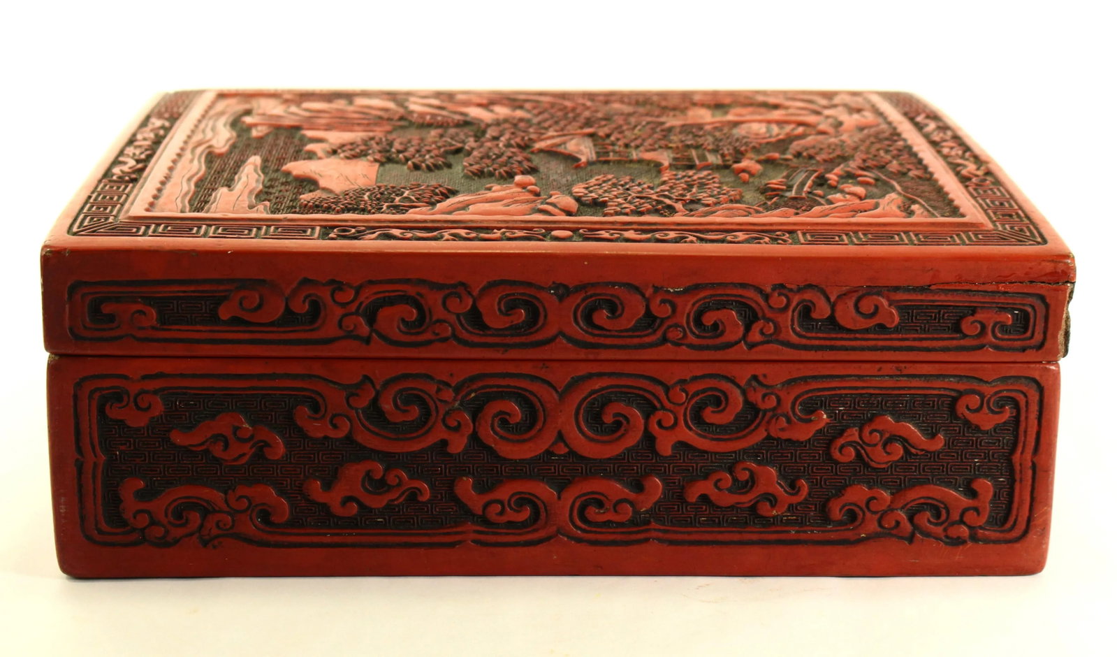 19th Century Chinese X-Large Red Cinnabar Box With Mountainous Landscape - 4